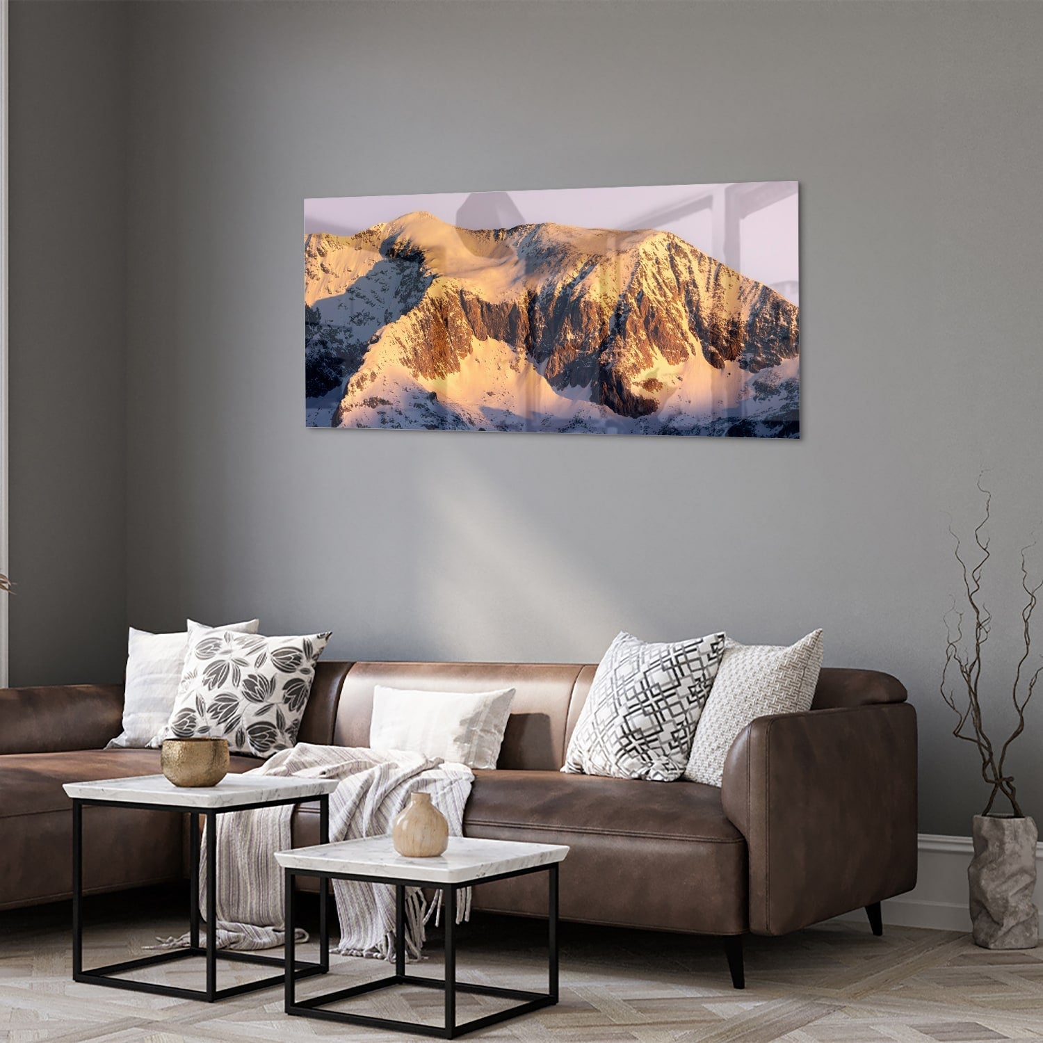 Atemberaubendes Glasbild mit Berglandschaft – Glasbild aus Sicherheitsglas, Größe 40x40_rond
