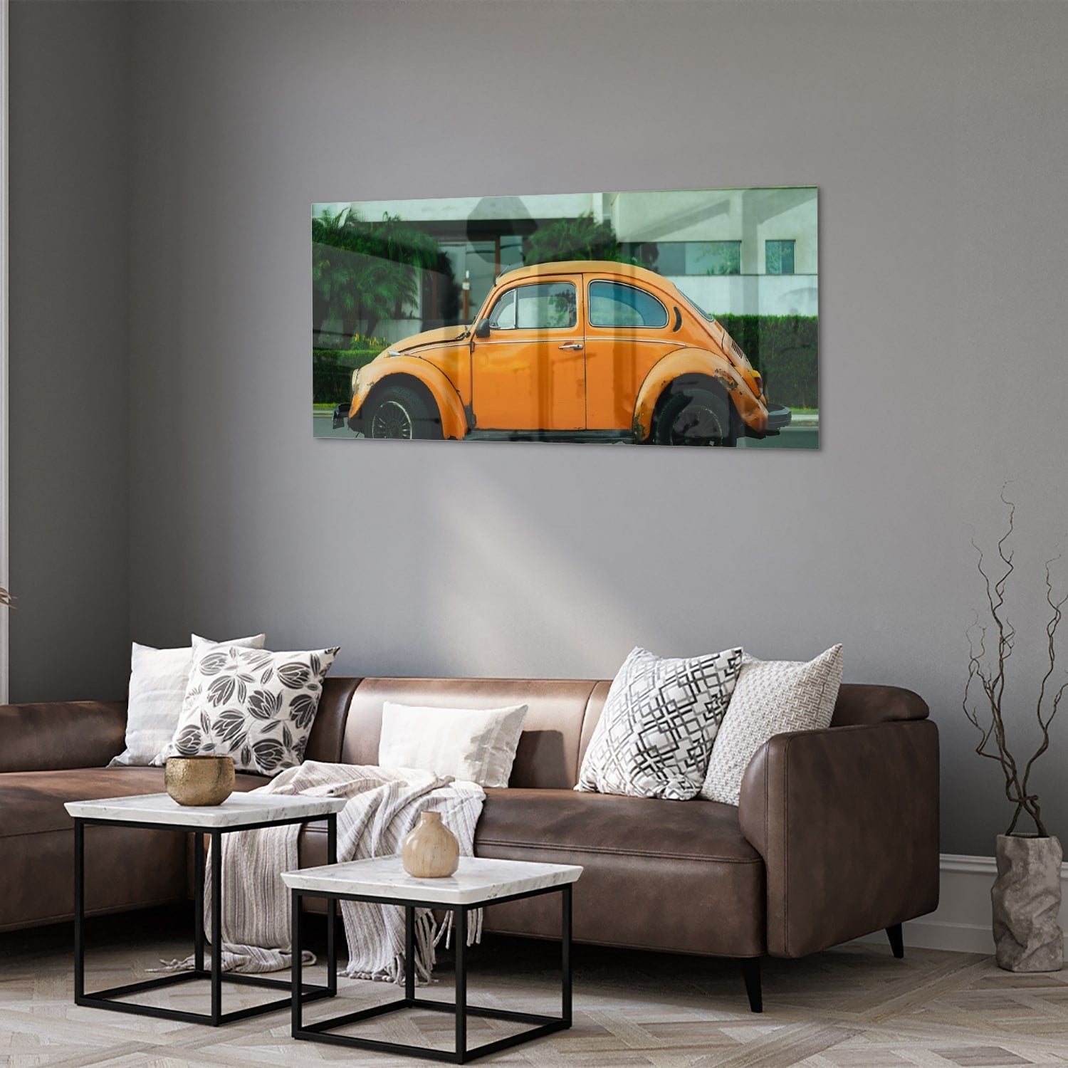 Fröhliches Glasbild mit orangefarbenem Käfer – Glasbild aus Sicherheitsglas, Größe 40x40_rond