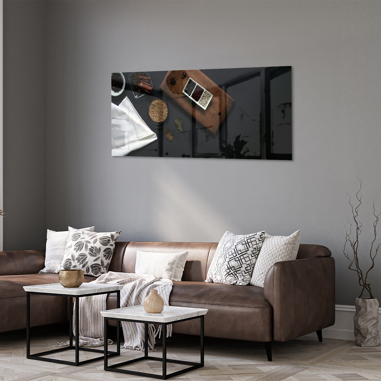 Modernes Glasbild mit Kaffee und Notizen – Glasbild aus Sicherheitsglas, Größe 40x40_rond