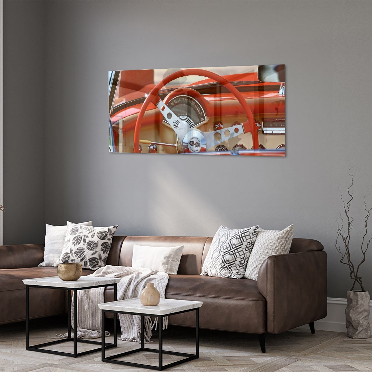 Retro-Auto-Glasbild für stilvolle Innenräume – Glasbild aus Sicherheitsglas, Größe 40x40_rond
