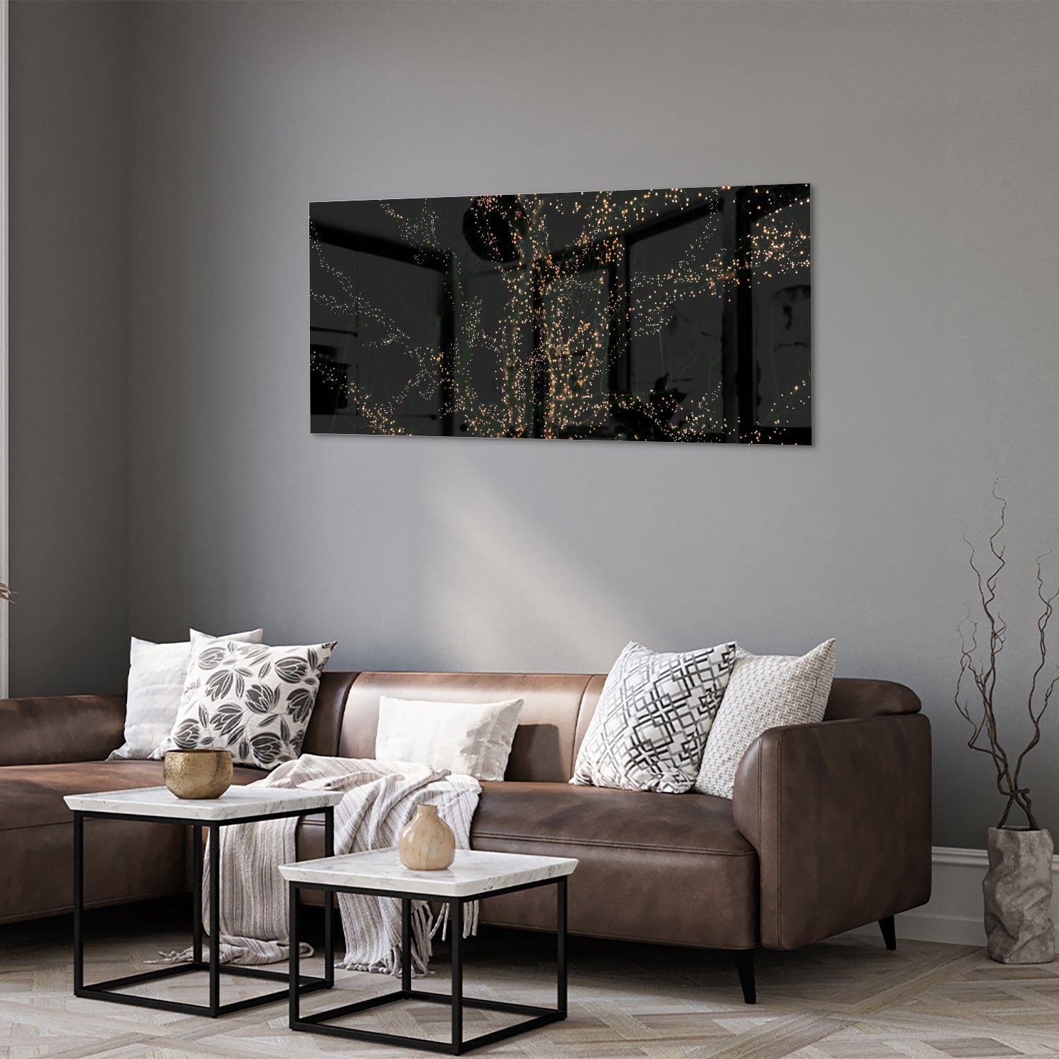 Glasbild mit goldenen Ästen auf schwarzem Hintergrund – Glasbild aus Sicherheitsglas, Größe 40x40_rond