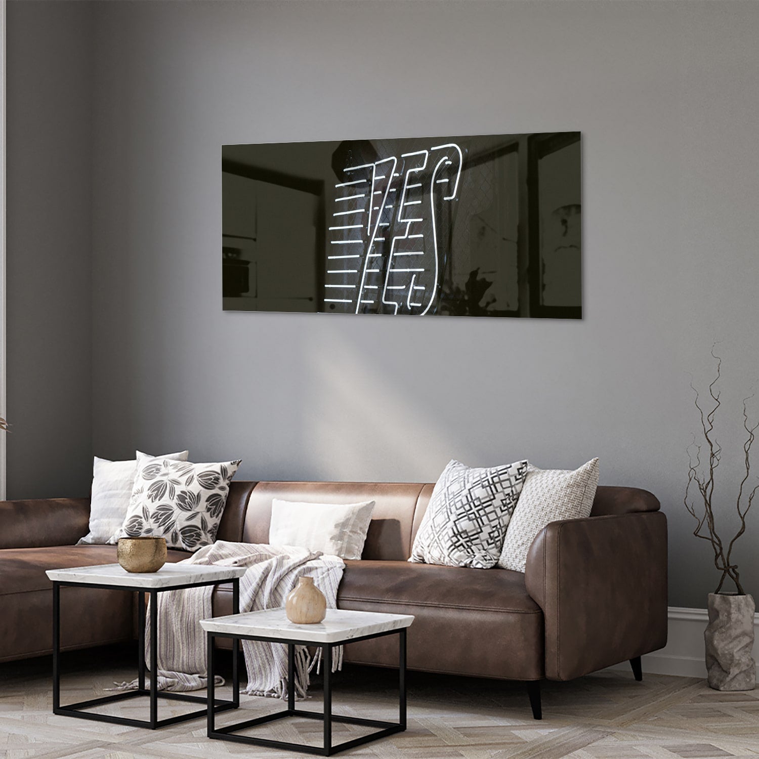 Glasbild mit 'YES' Schriftzug in modernem Design – Glasbild aus Sicherheitsglas, Größe 40x40_rond