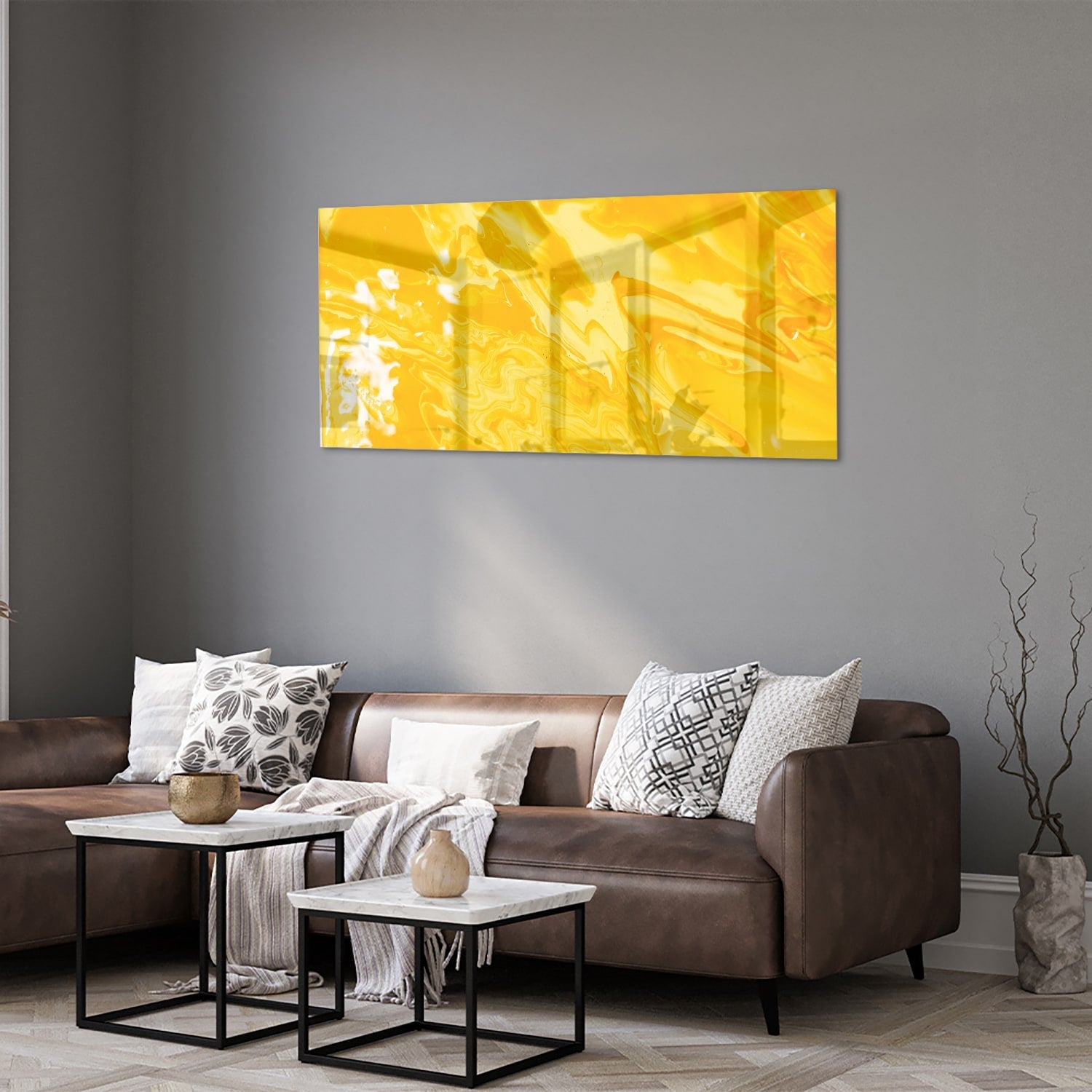 Leuchtend gelbes Glasbild für moderne Innenräume – Glasbild aus Sicherheitsglas, Größe 40x40_rond