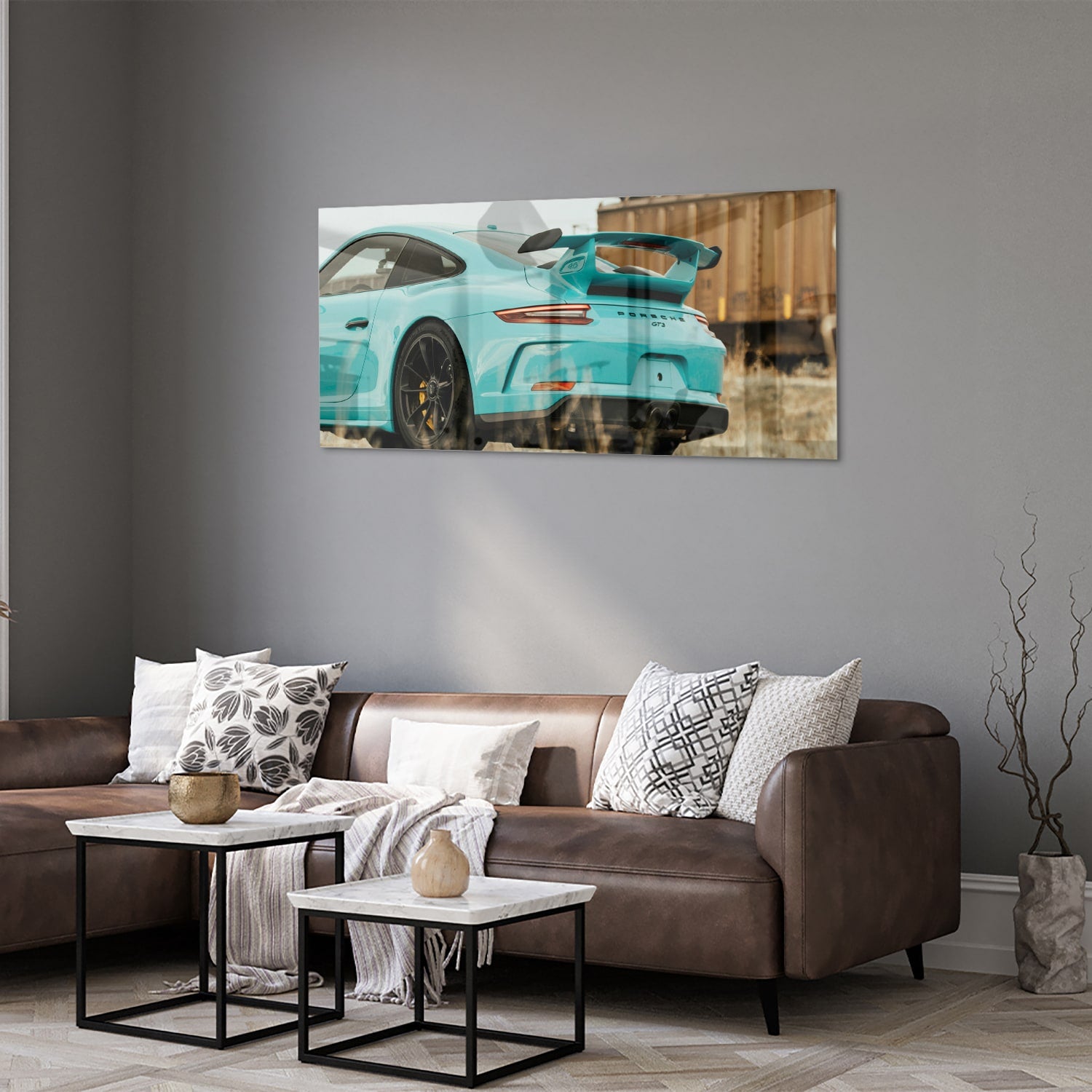 Stilvolles Glasbild mit einem Sportwagen – Glasbild aus Sicherheitsglas, Größe 40x40_rond
