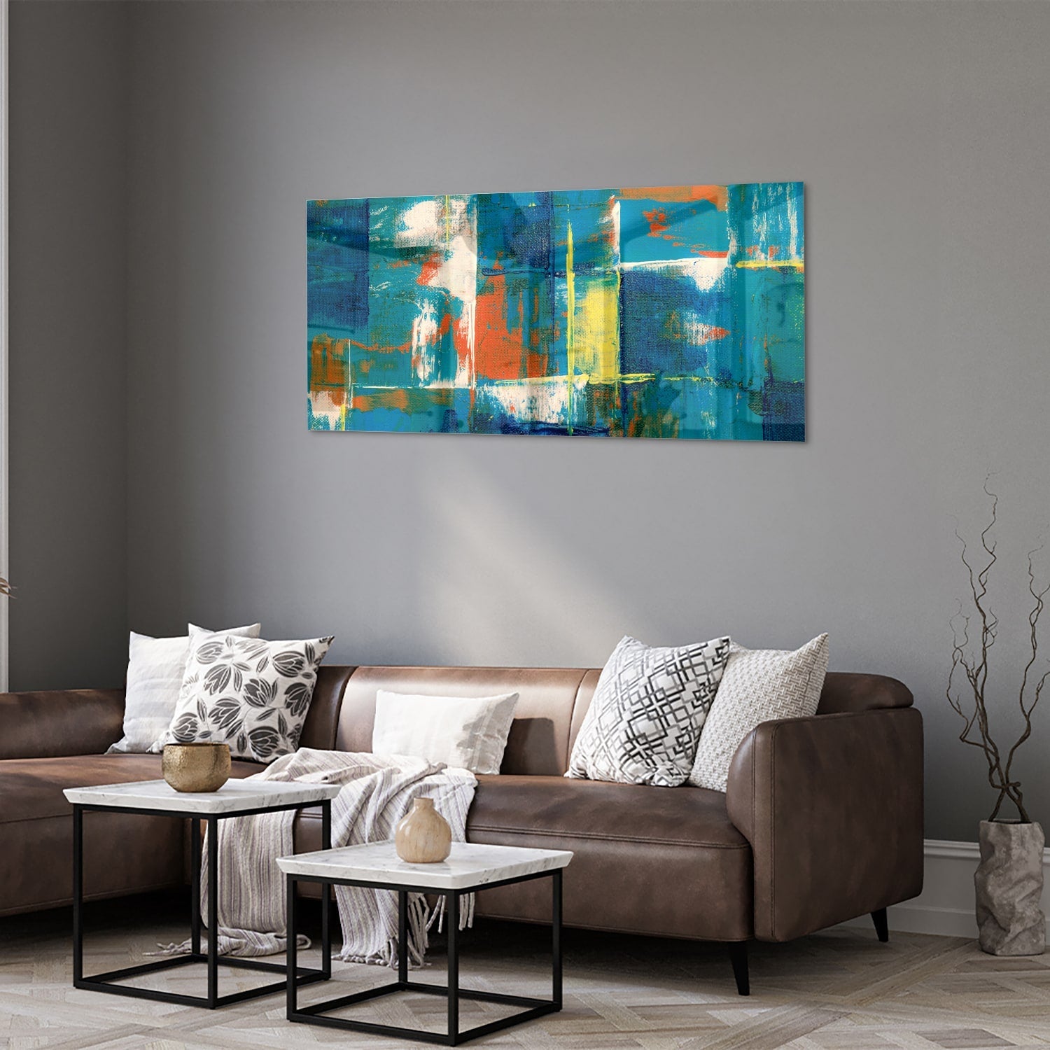 Abstraktes Glasbild in farbenfrohen Farbtönen – Glasbild aus Sicherheitsglas, Größe 40x40_rond
