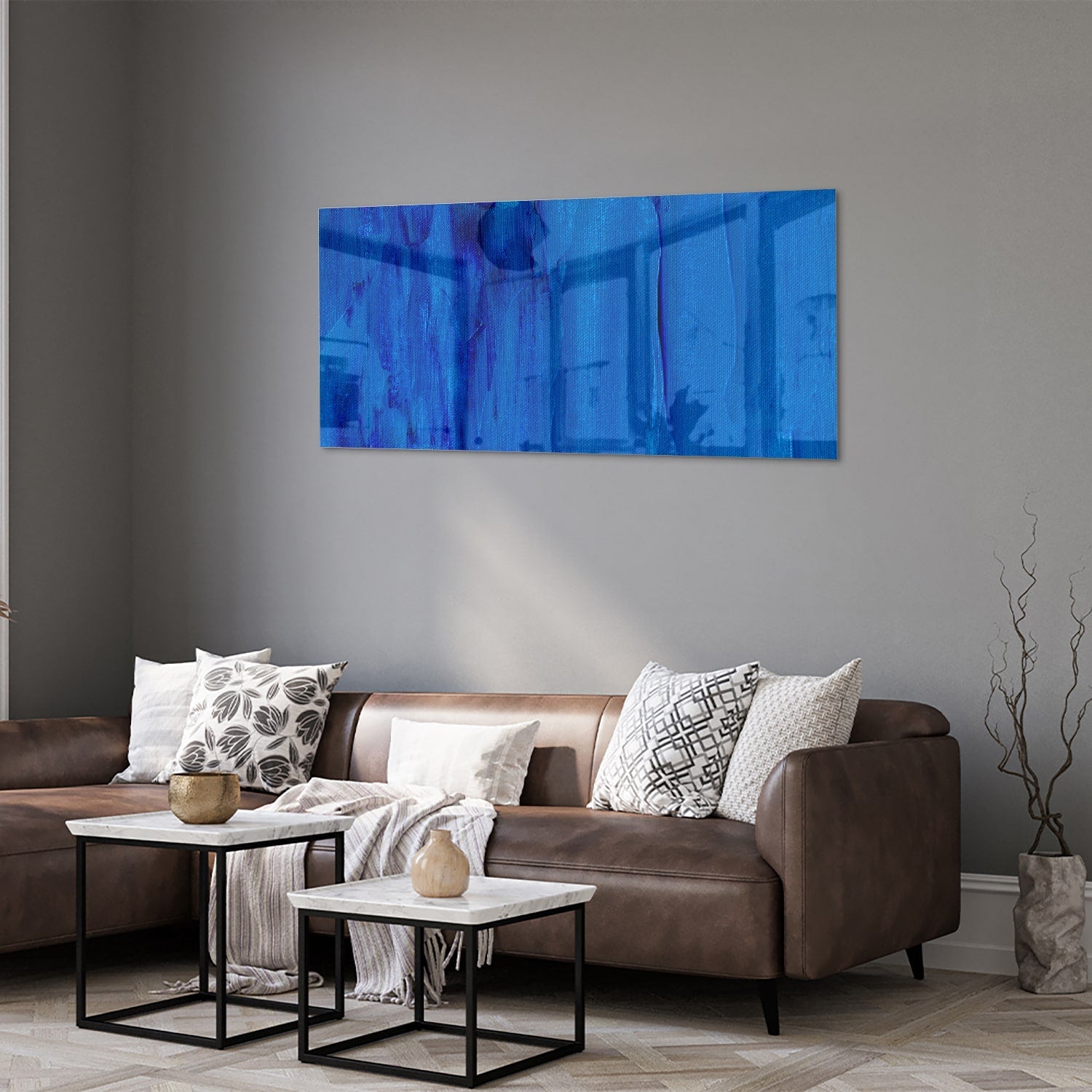 Blaues abstraktes Glasbild für moderne Innenräume – Glasbild aus Sicherheitsglas, Größe 40x40_rond