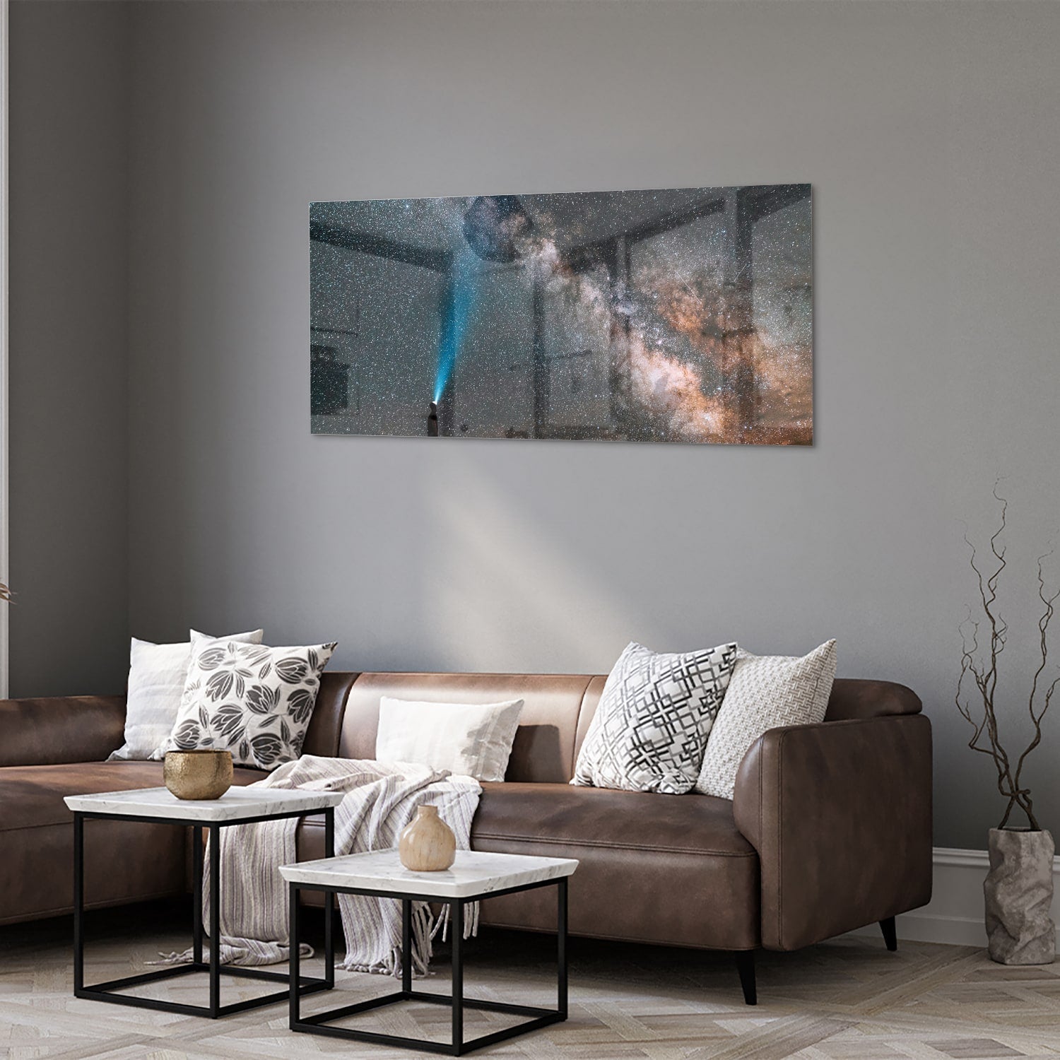Glasbild Sternenhimmel mit Lichtstrahl – Glasbild aus Sicherheitsglas, Größe 40x40_rond