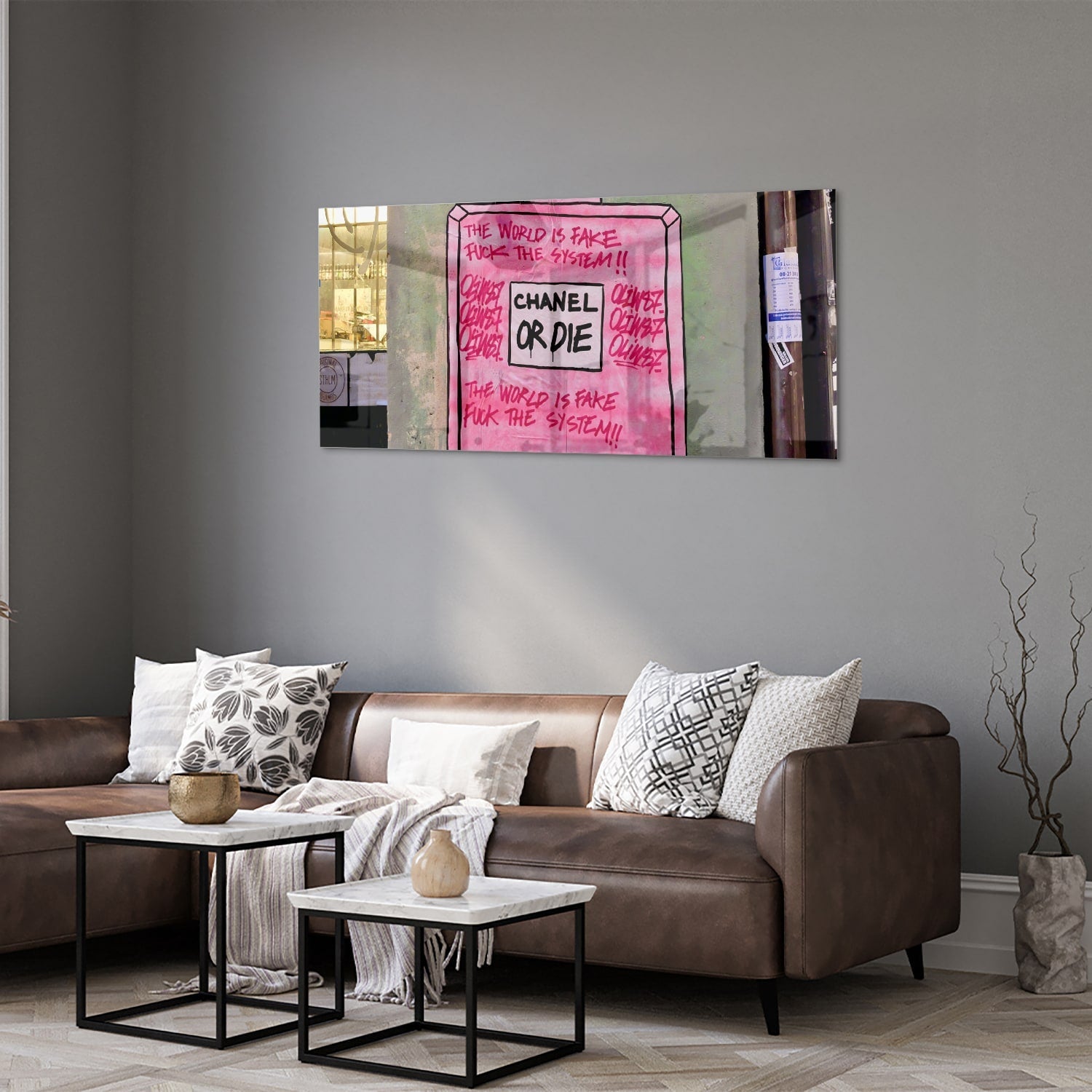 Stilvolles Glasbild: 'Chanel or Die' – Glasbild aus Sicherheitsglas, Größe 40x40_rond