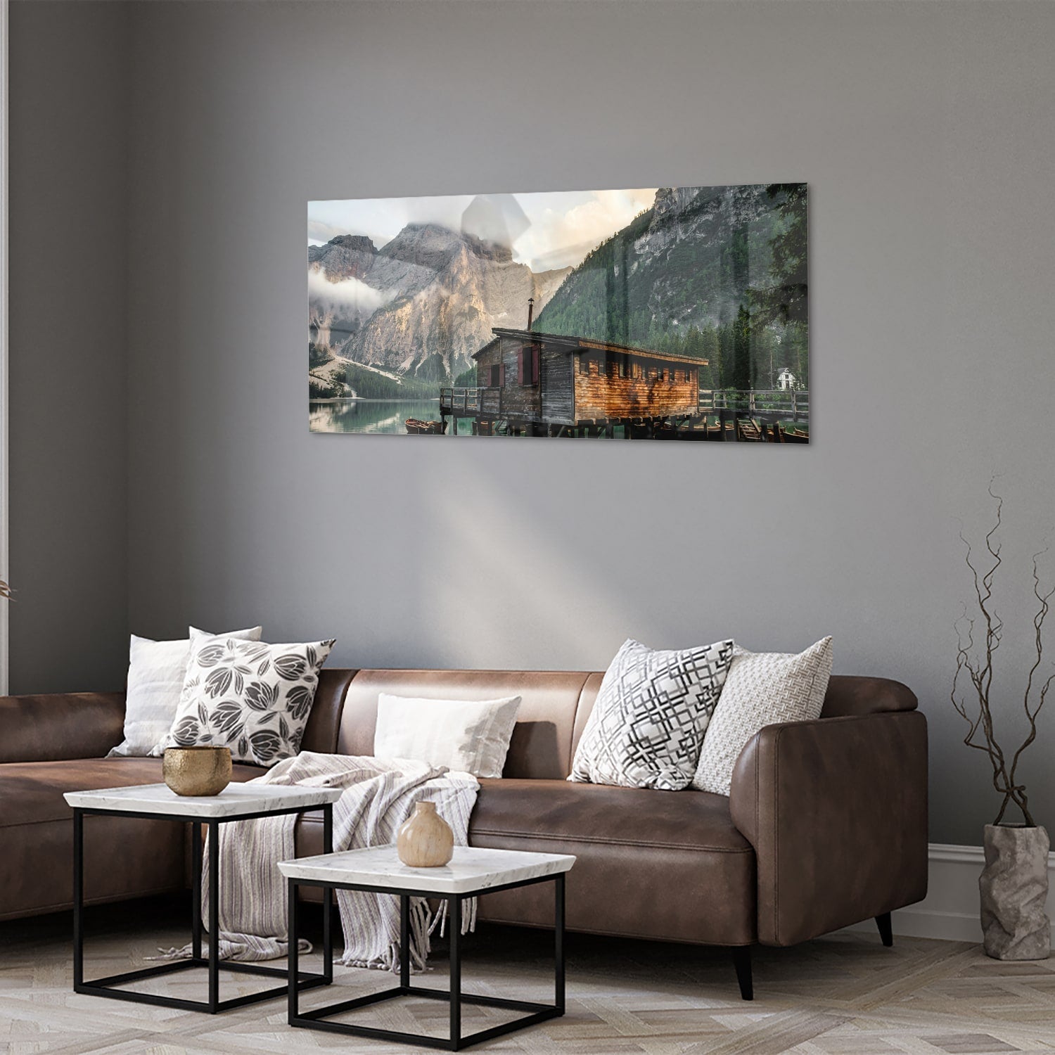 Bezauberndes Glasbild mit einer Berghütte – Glasbild aus Sicherheitsglas, Größe 40x40_rond