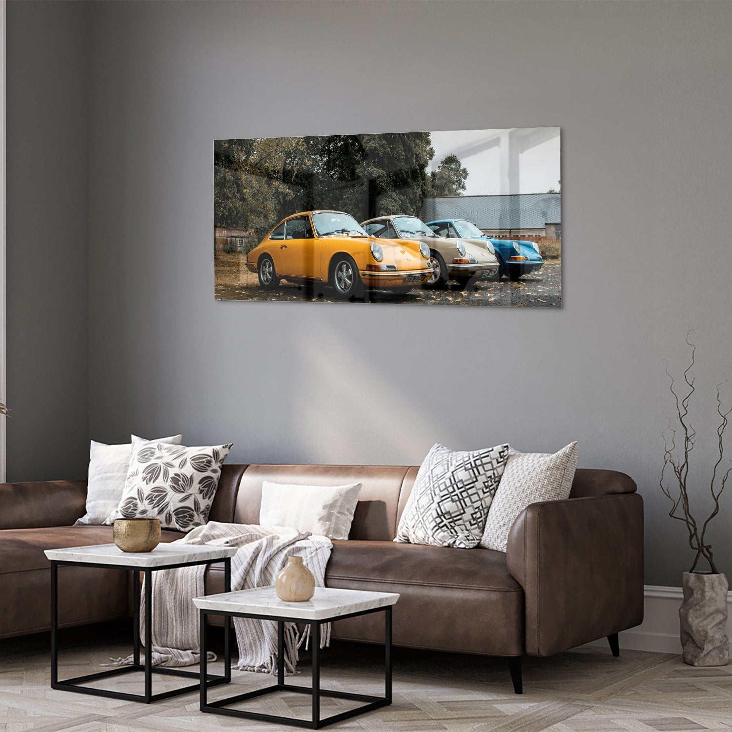 Fröhliches Glasbild mit gelbem Auto – Glasbild aus Sicherheitsglas, Größe 40x40_rond
