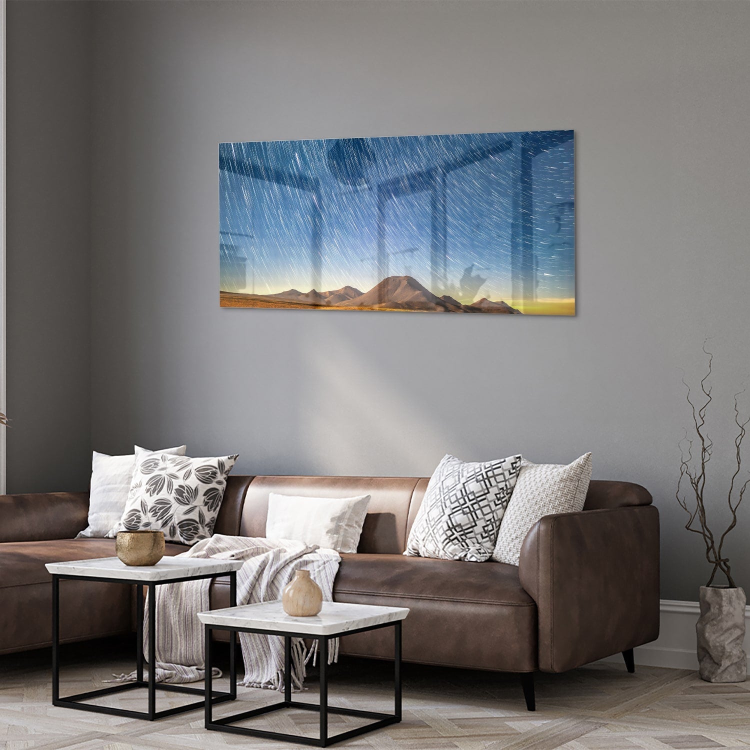 Glasbild mit Sternenhimmel über den Bergen – Glasbild aus Sicherheitsglas, Größe 40x40_rond
