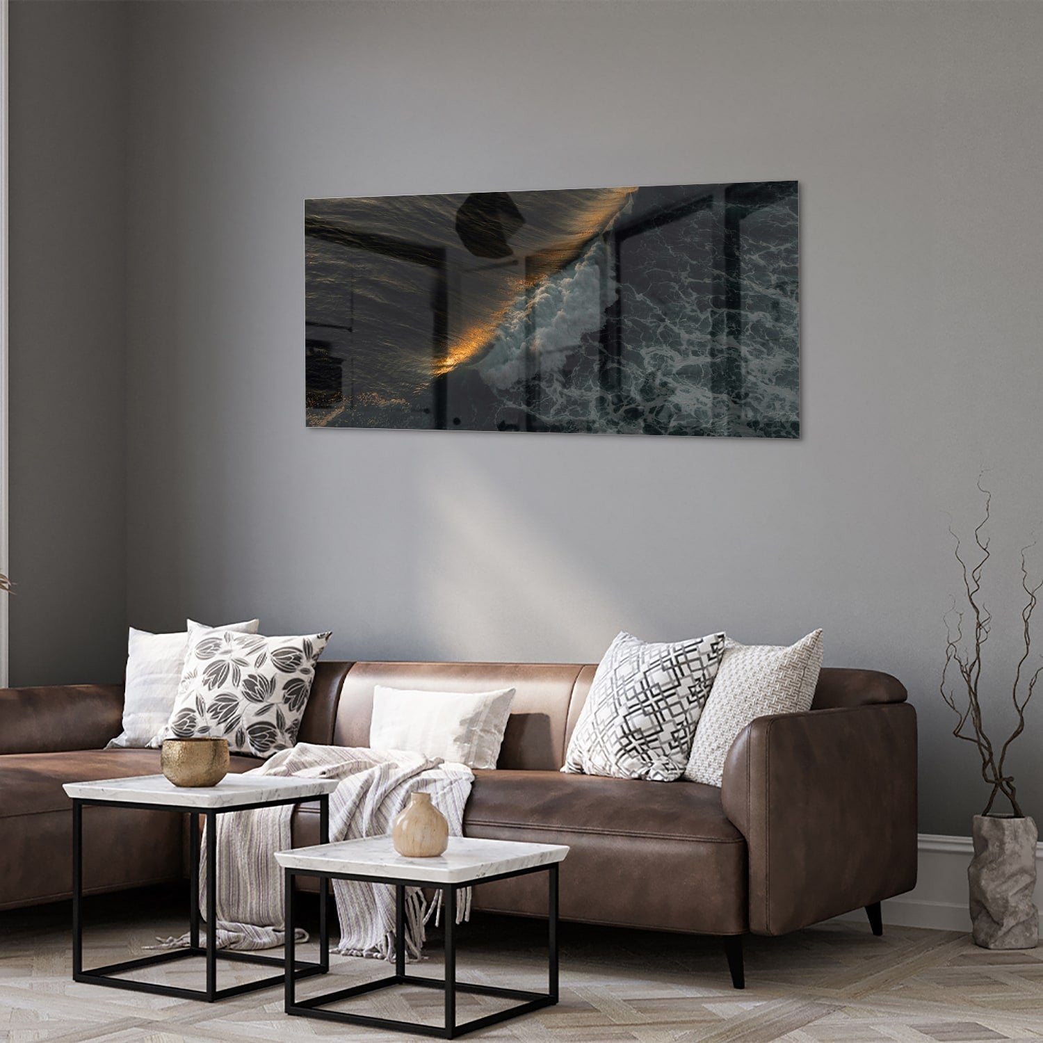 Schwarzes Glasbild mit Meerblick und Goldakzenten – Glasbild aus Sicherheitsglas, Größe 40x40_rond