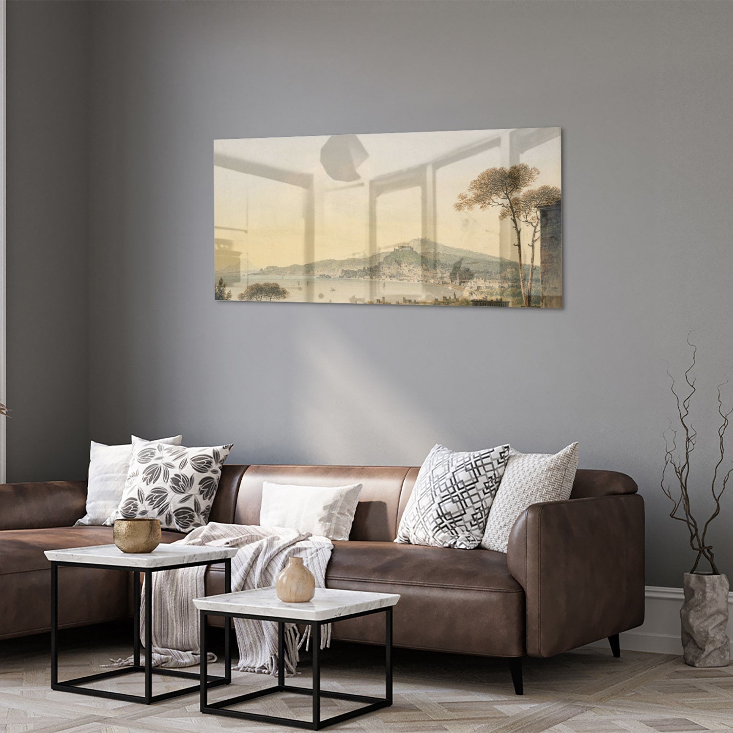 Rustikales Glasbild mit Berglandschaft – Glasbild aus Sicherheitsglas, Größe 40x40_rond