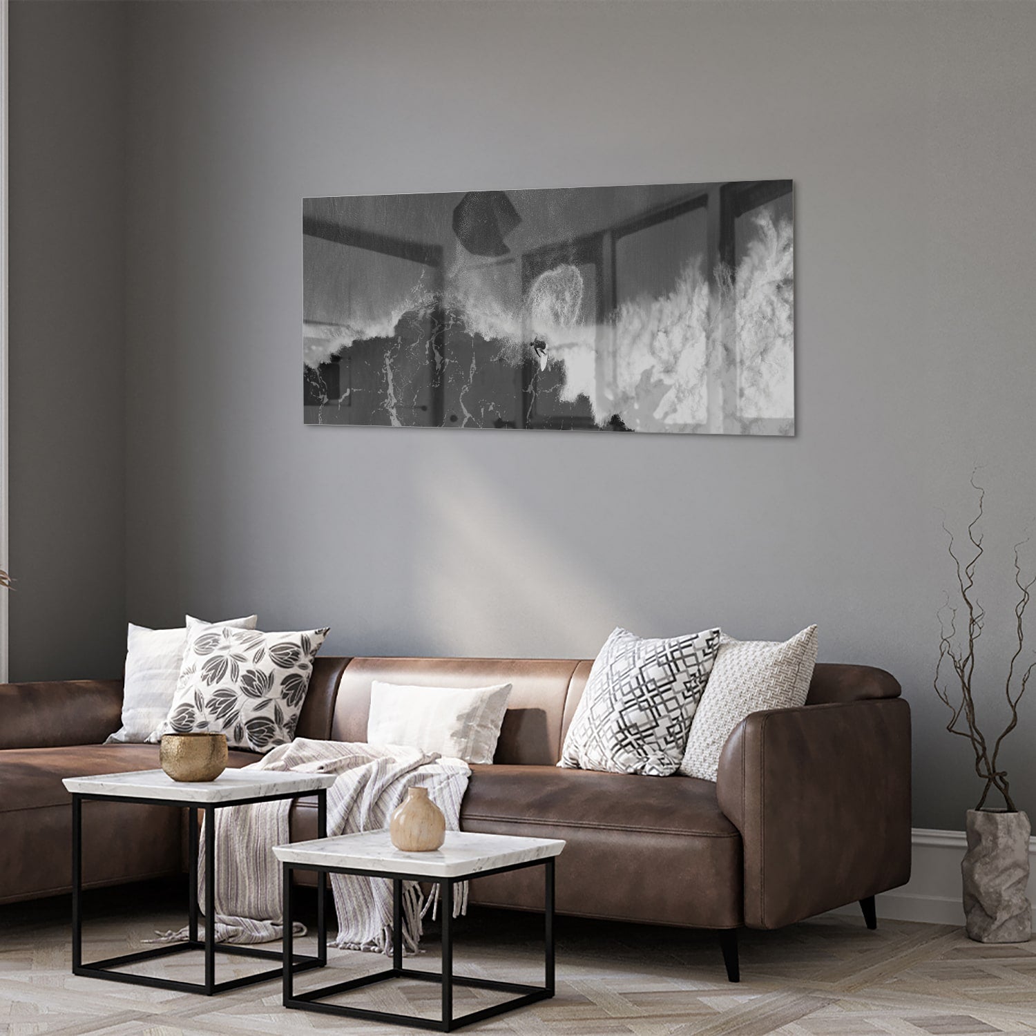 Abstraktes Schwarz-Weiß-Glasbild für ein modernes Interieur – Glasbild aus Sicherheitsglas, Größe 40x40_rond