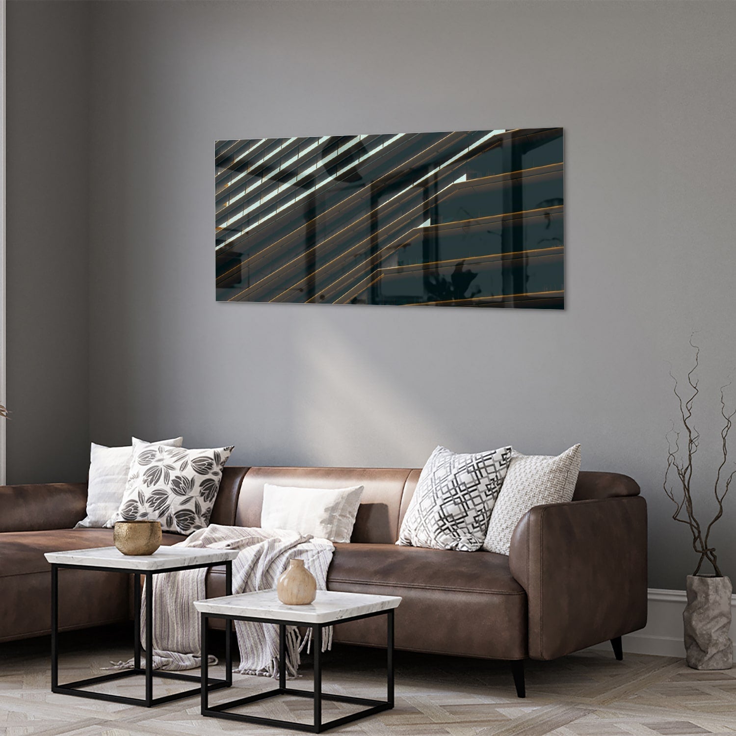 Modernes Glasbild mit schwarzen Linien und Licht – Glasbild aus Sicherheitsglas, Größe 40x40_rond