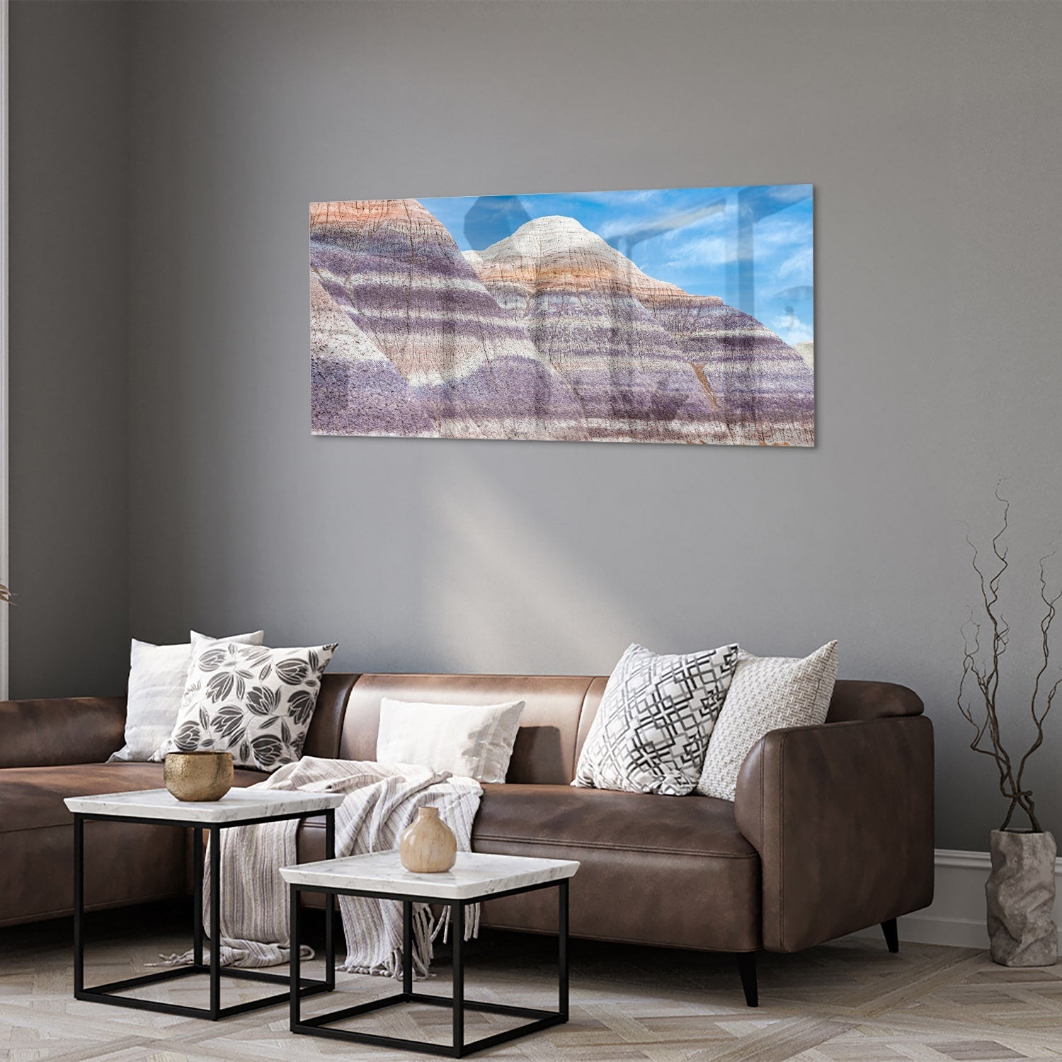 Wunderschönes Glasbild mit Bergen und Himmel – Glasbild aus Sicherheitsglas, Größe 40x40_rond