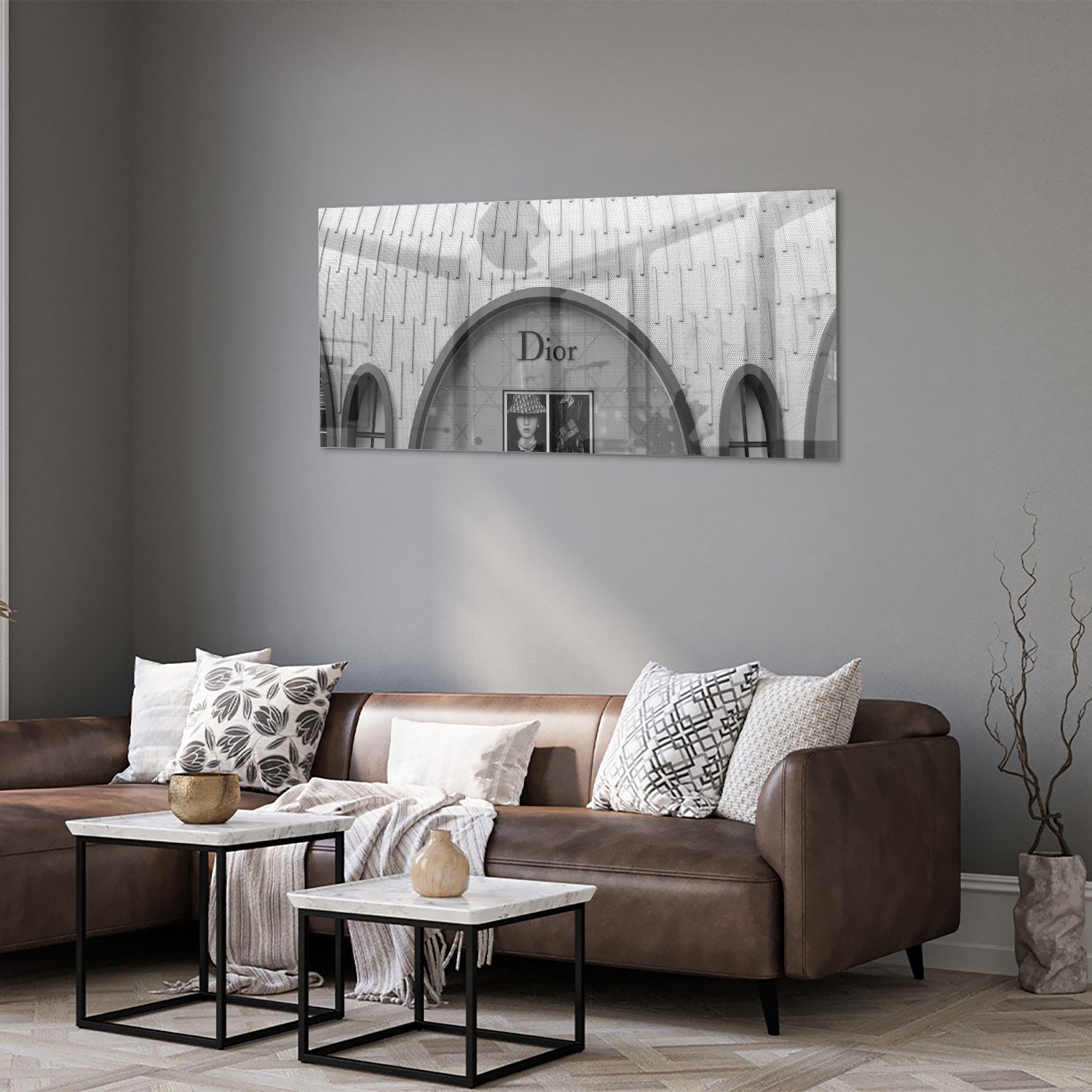 Elegantes Glasbild mit Dior-Schaufenster – Glasbild aus Sicherheitsglas, Größe 40x40_rond