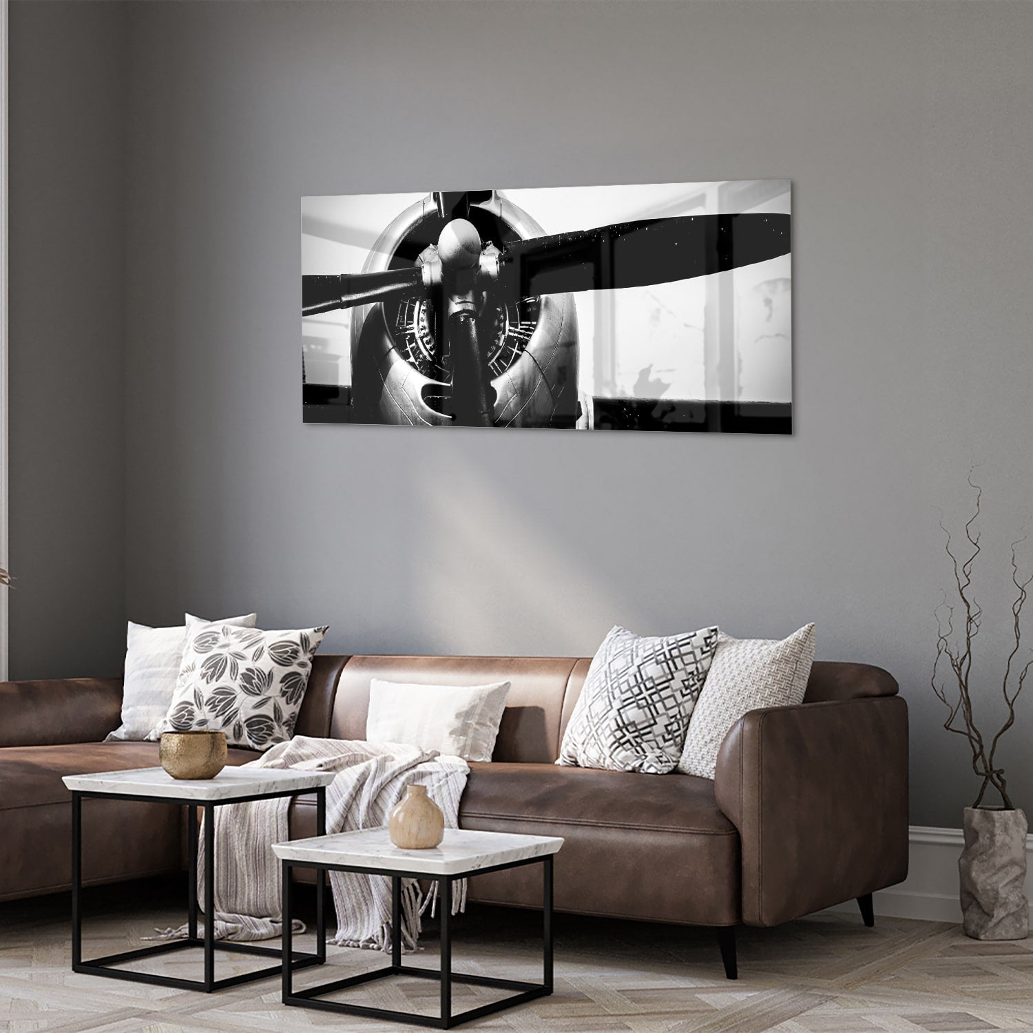 Schwarz-Weiß-Glasbild mit Vintage-Flugzeugpropeller – Glasbild aus Sicherheitsglas, Größe 40x40_rond