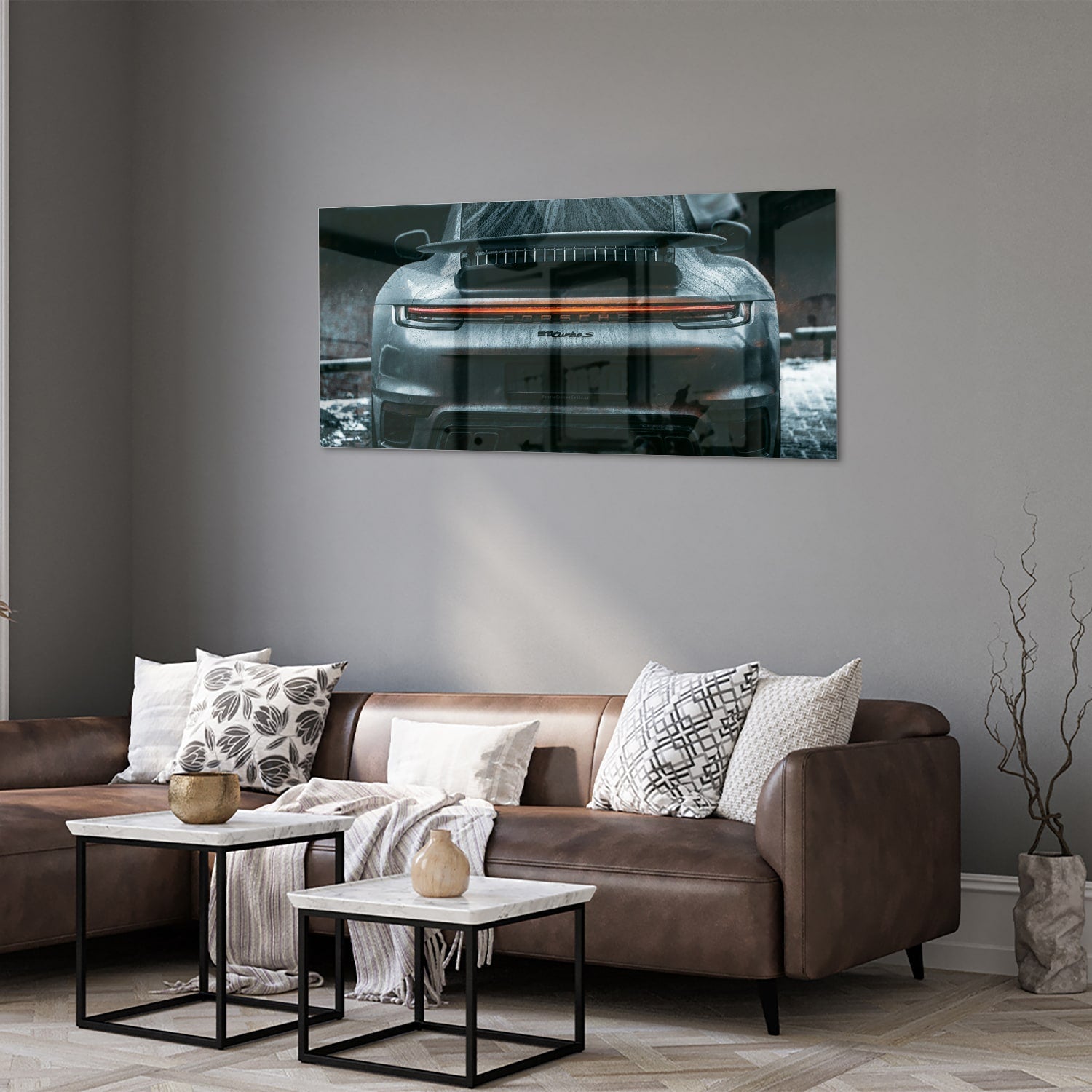 Elegantes Glasbild mit einem Sportwagen – Glasbild aus Sicherheitsglas, Größe 40x40_rond