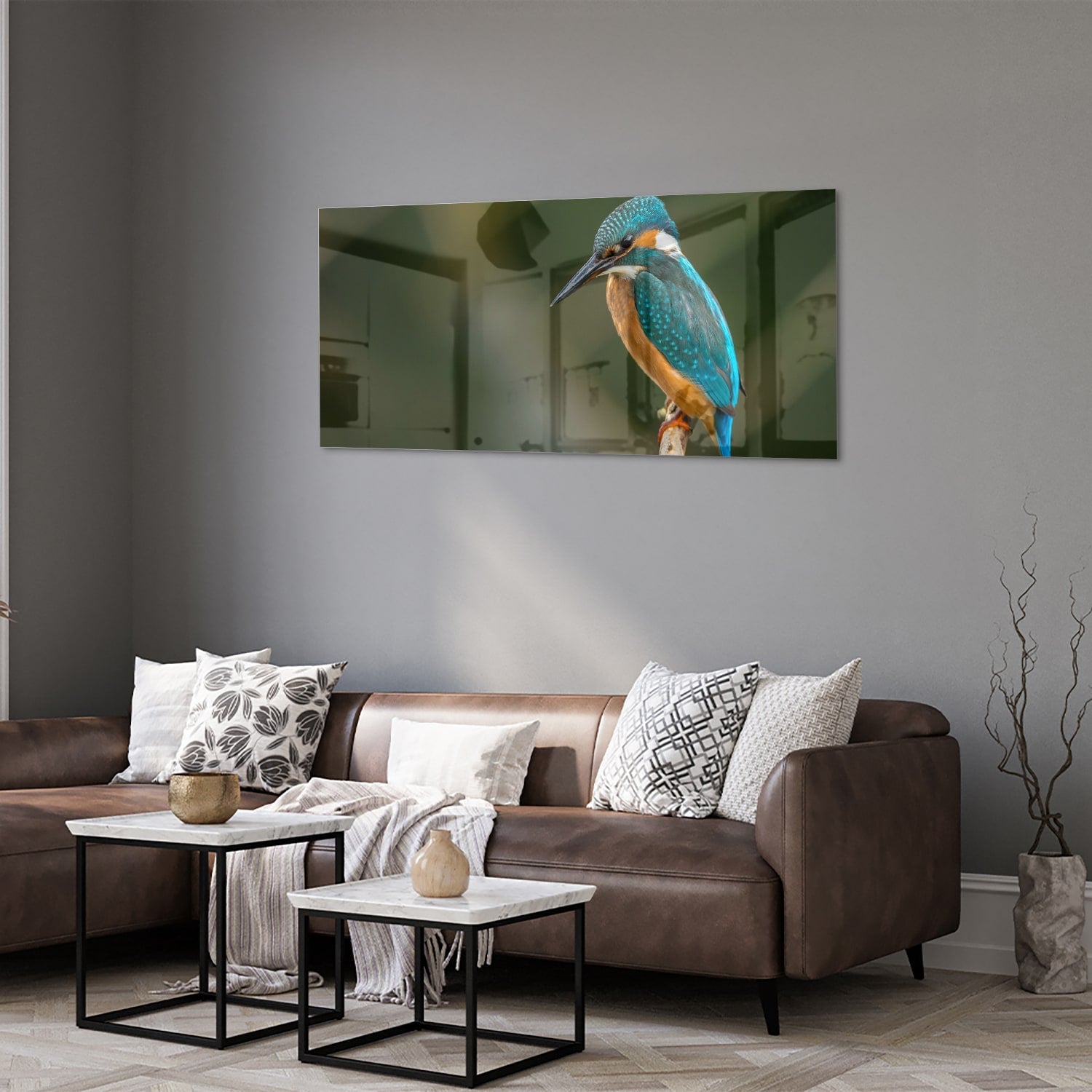 Elegantes Glasbild mit einem Eisvogel – Glasbild aus Sicherheitsglas, Größe 40x40_rond