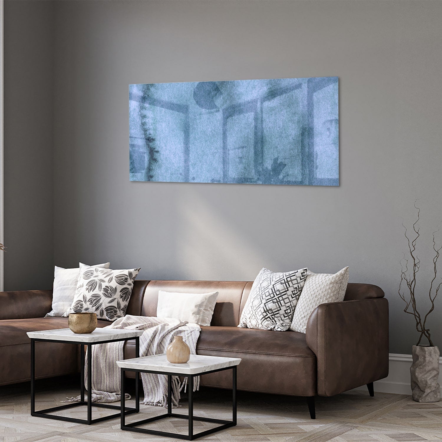 Modernes Glasbild in blauen Farbtönen – Glasbild aus Sicherheitsglas, Größe 40x40_rond