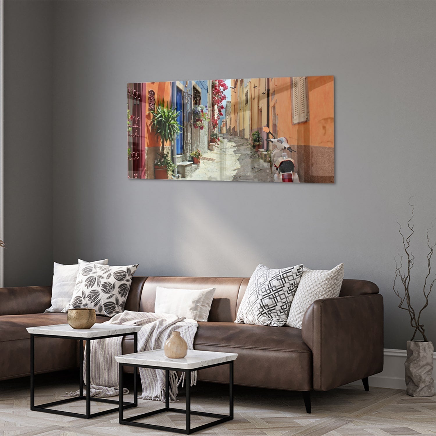 Buntes Glasbild mit Vespa auf einer Straße – Glasbild aus Sicherheitsglas, Größe 40x40_rond