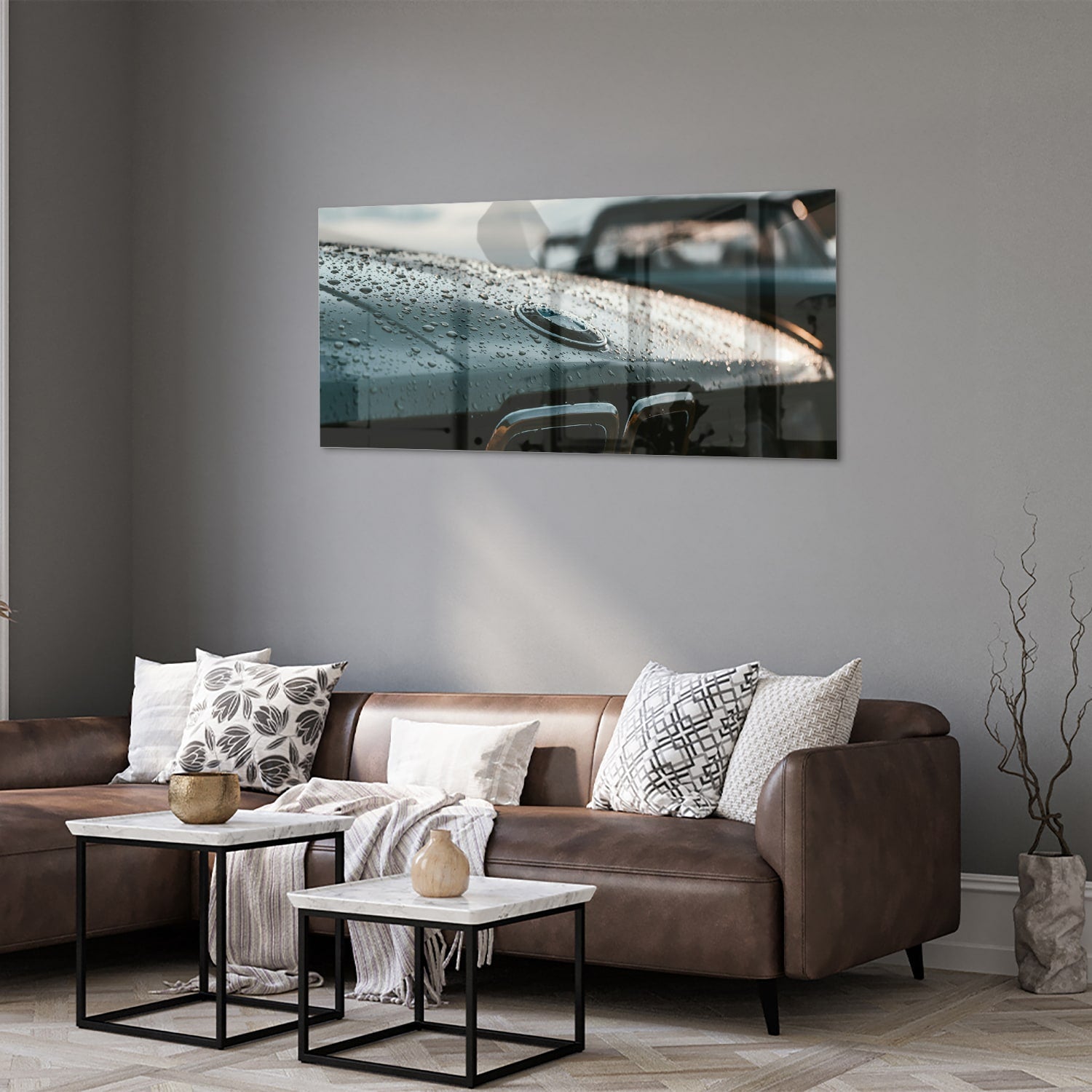 Glasbild mit nasser Autoscheibe – Stilvolles Interieur – Glasbild aus Sicherheitsglas, Größe 40x40_rond