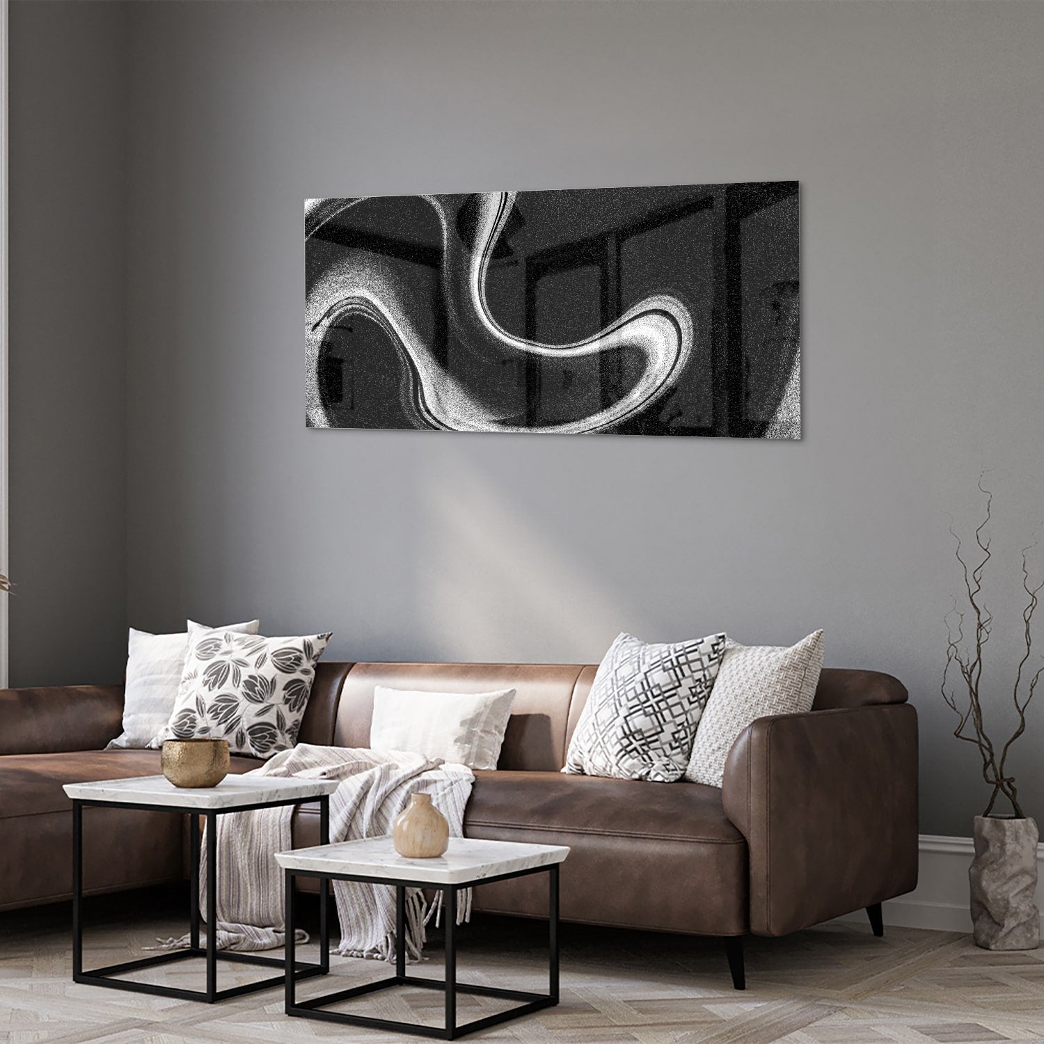 Schwarz-Weiß-Glasbild mit wellenförmigen Linien – Glasbild aus Sicherheitsglas, Größe 40x40_rond