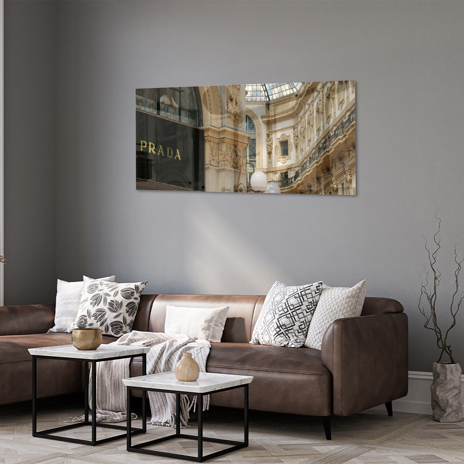 Elegantes Glasbild mit Luxus-Boutique – Glasbild aus Sicherheitsglas, Größe 40x40_rond