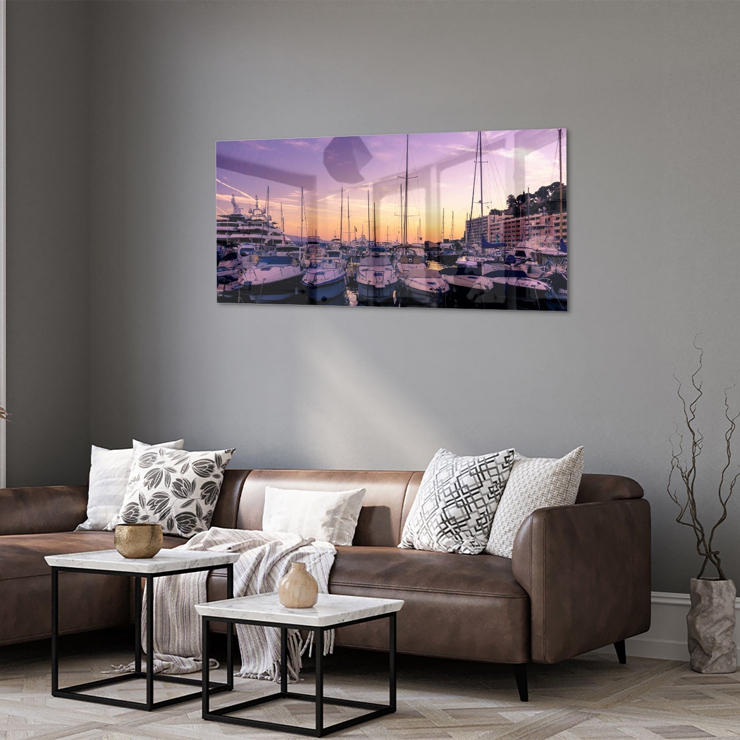 Glasbild mit Sonnenuntergang am Hafen – Glasbild aus Sicherheitsglas, Größe 40x40_rond