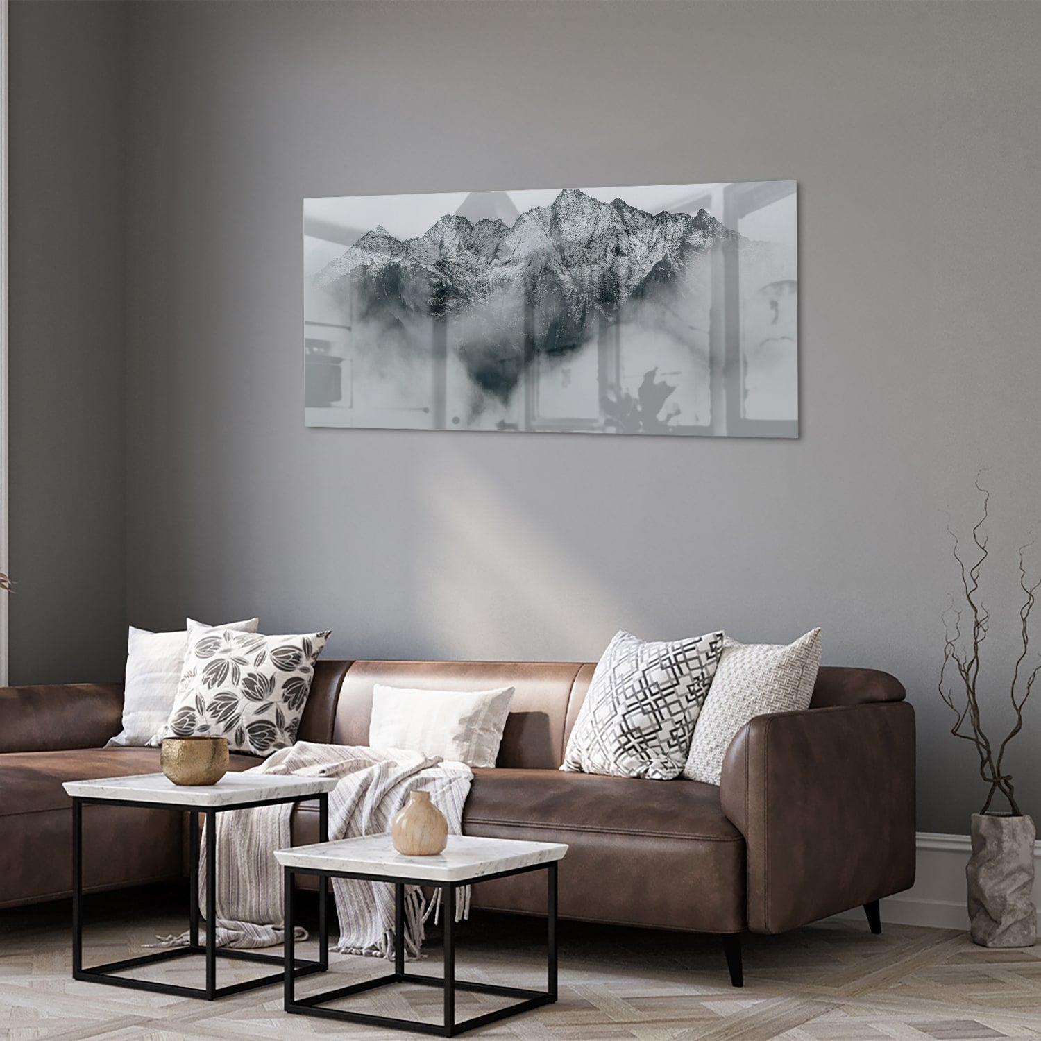 Elegantes Glasbild mit Bergen in Schwarz-Weiß – Glasbild aus Sicherheitsglas, Größe 40x40_rond