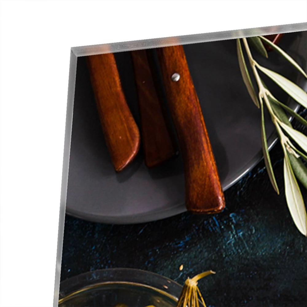 Kulinarisches Glasbild mit verführerischen Speisen – Glasbild aus Sicherheitsglas, Größe 80x60