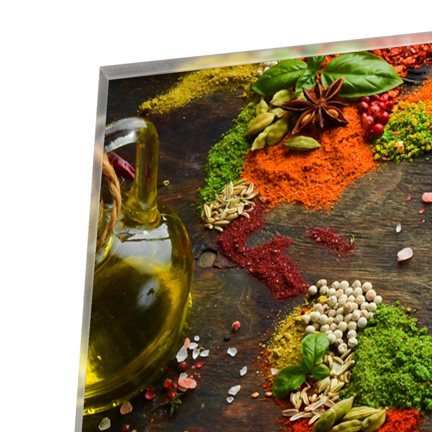 Farbenfrohes Glasbild mit Gewürzen und Gemüse – Glasbild aus Sicherheitsglas, Größe 80x60
