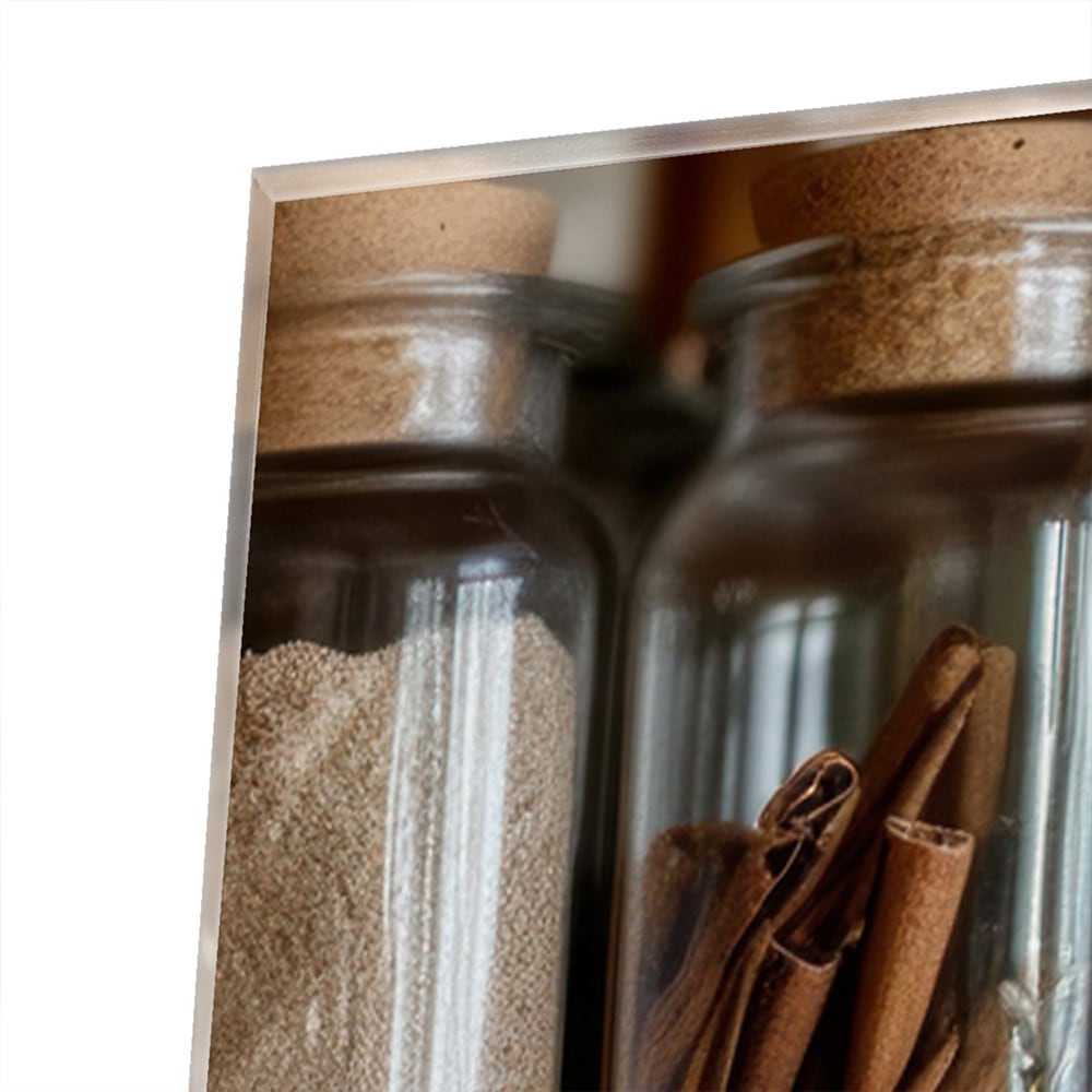 Glasbild mit Gewürzen in Einmachgläsern – Glasbild aus Sicherheitsglas, Größe 80x60
