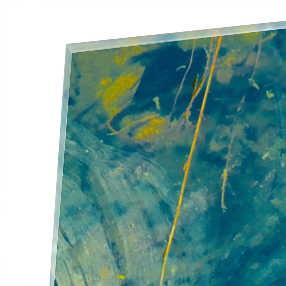 Farbenfrohes Glasbild mit abstraktem blau-gelbem Muster – Glasbild aus Sicherheitsglas, Größe 80x60