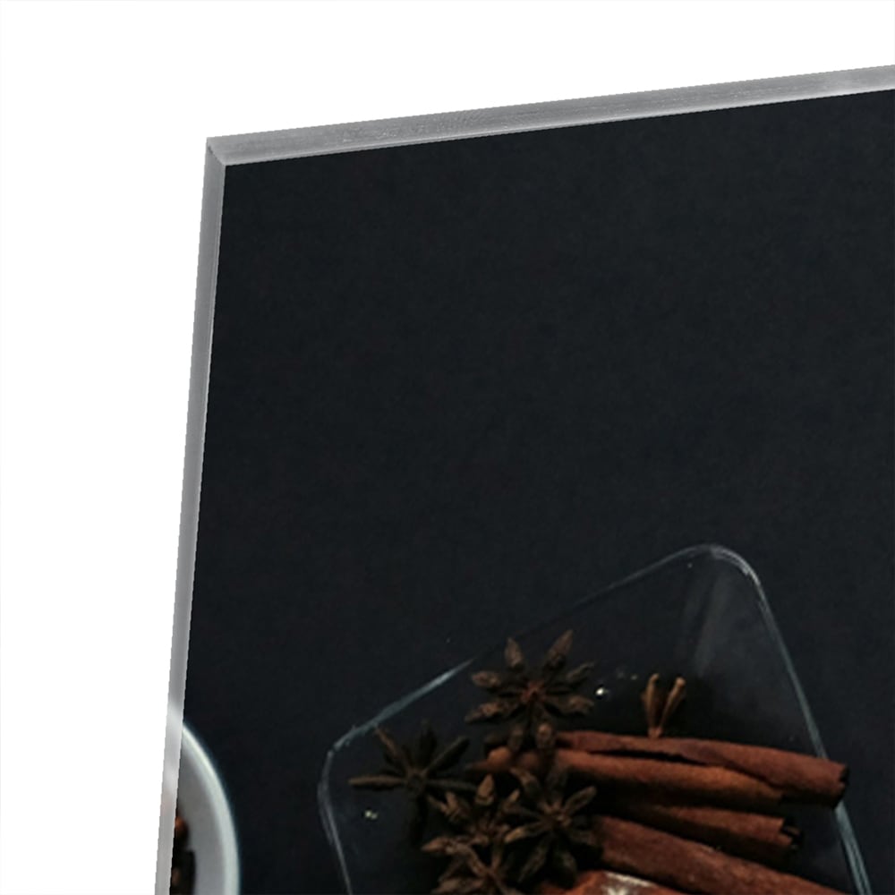 Modernes Glasbild mit Kaffee und Notizen – Glasbild aus Sicherheitsglas, Größe 80x60