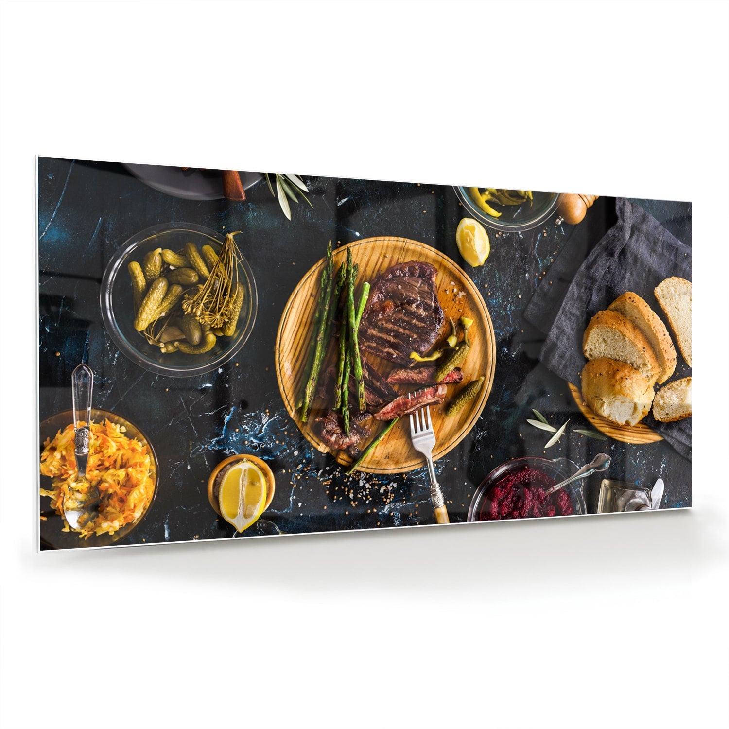 Kulinarisches Glasbild mit verführerischen Speisen – Glasbild aus Sicherheitsglas, Größe 70x70_rond