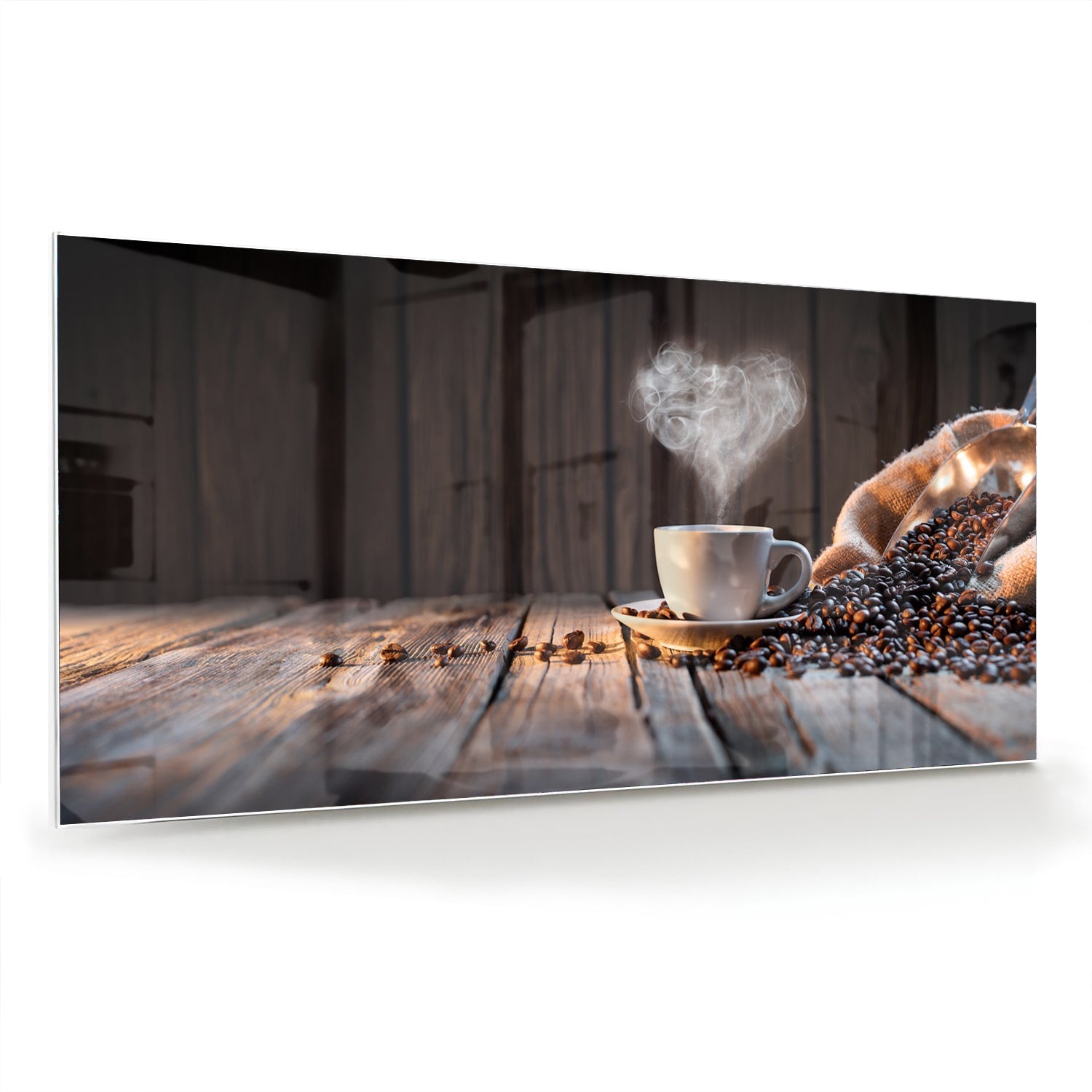 Stilvolles Glasbild mit Kaffee und Kaffeebohnen – Glasbild aus Sicherheitsglas, Größe 70x70_rond