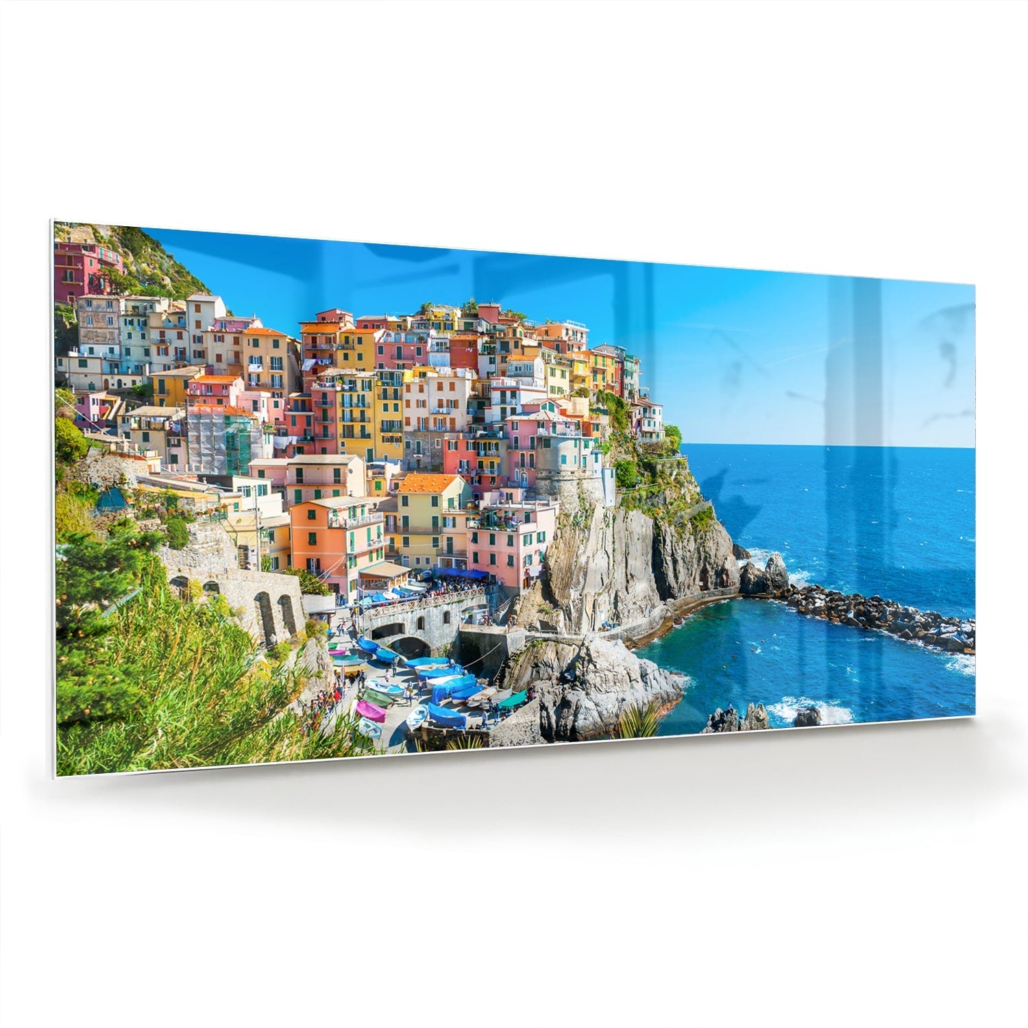 Glasbild mit farbenfroher Küstenlinie – Glasbild aus Sicherheitsglas, Größe 70x70_rond