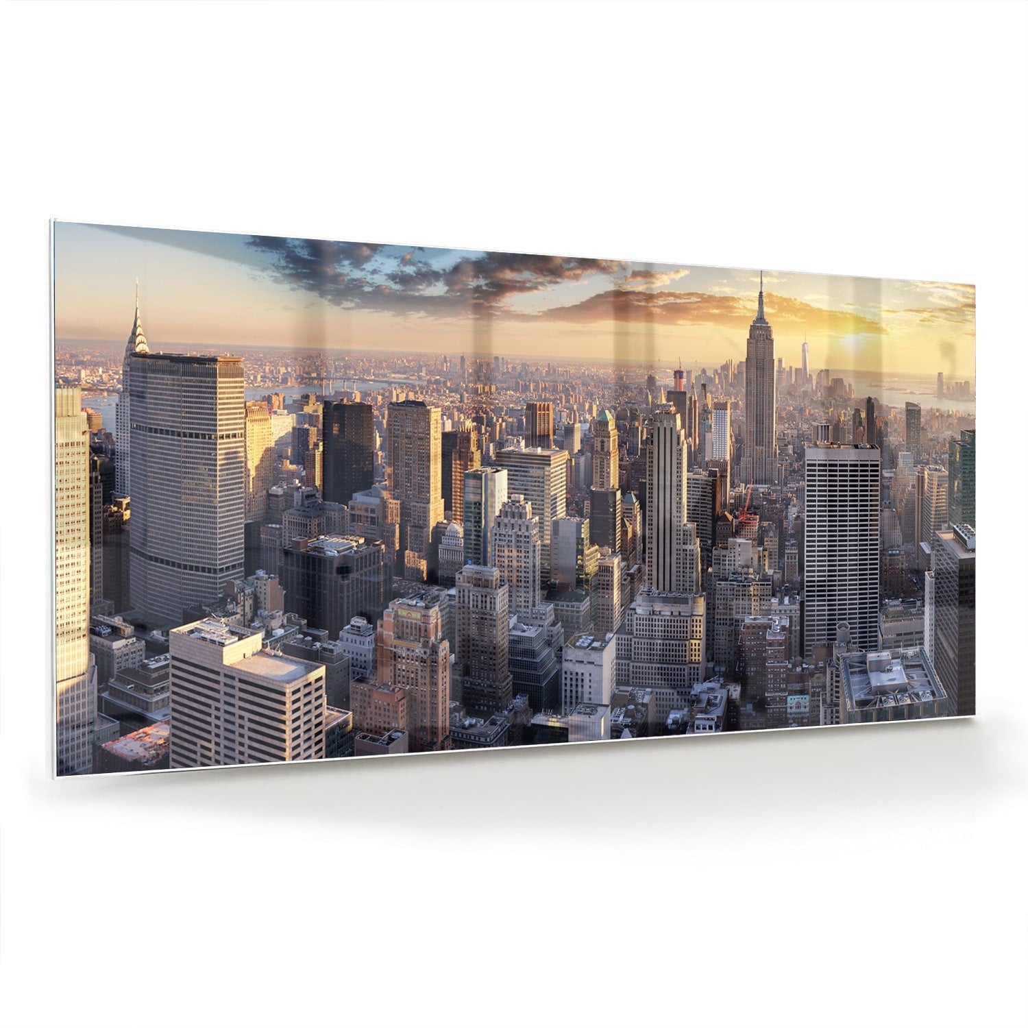 Glasbild mit atemberaubender Aussicht auf New York bei Sonnenuntergang – Glasbild aus Sicherheitsglas, Größe 70x70_rond