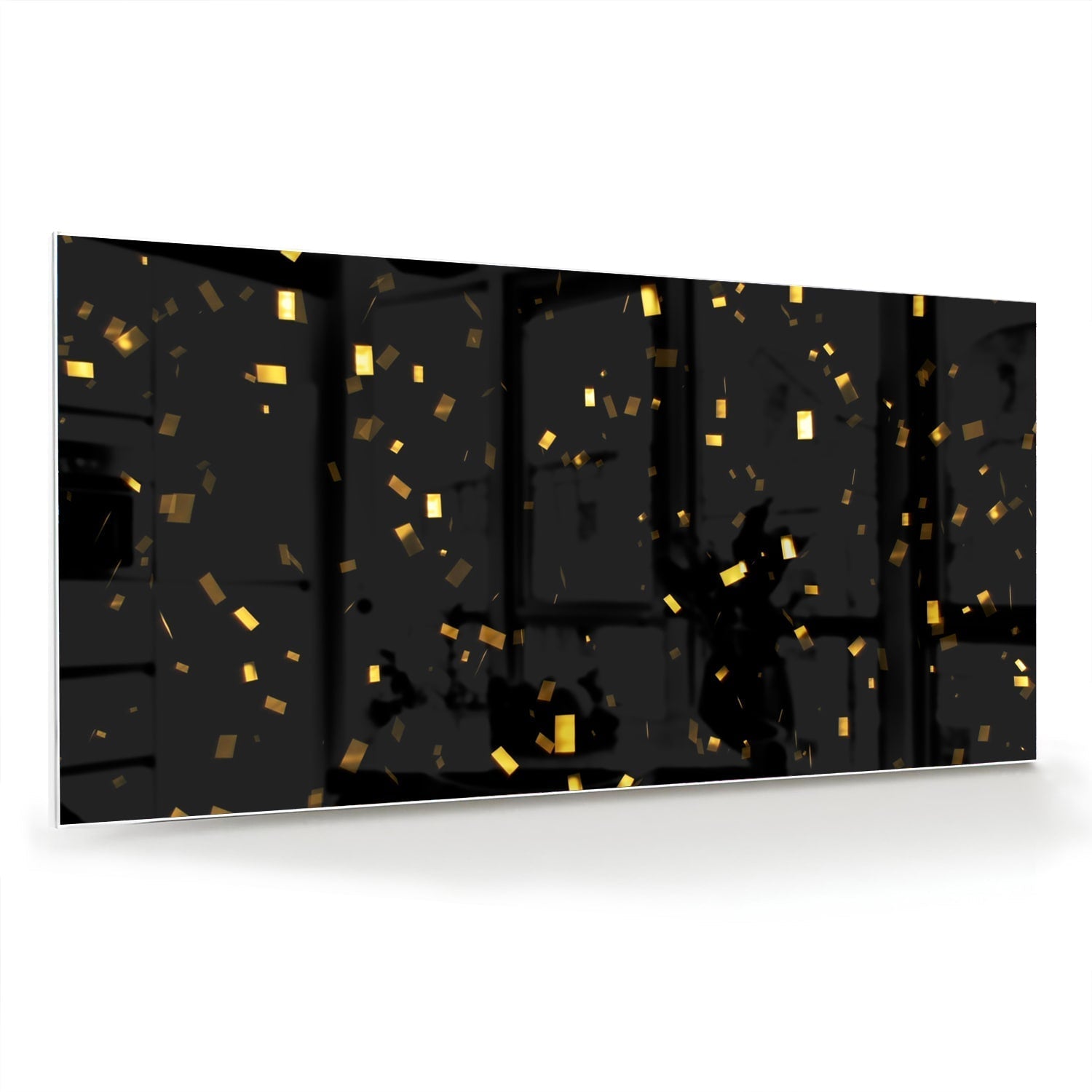 Schwarz-Glasbild mit goldenen confetti als moderne Glas-Wanddekoration aus 4 mm Sicherheitsglas