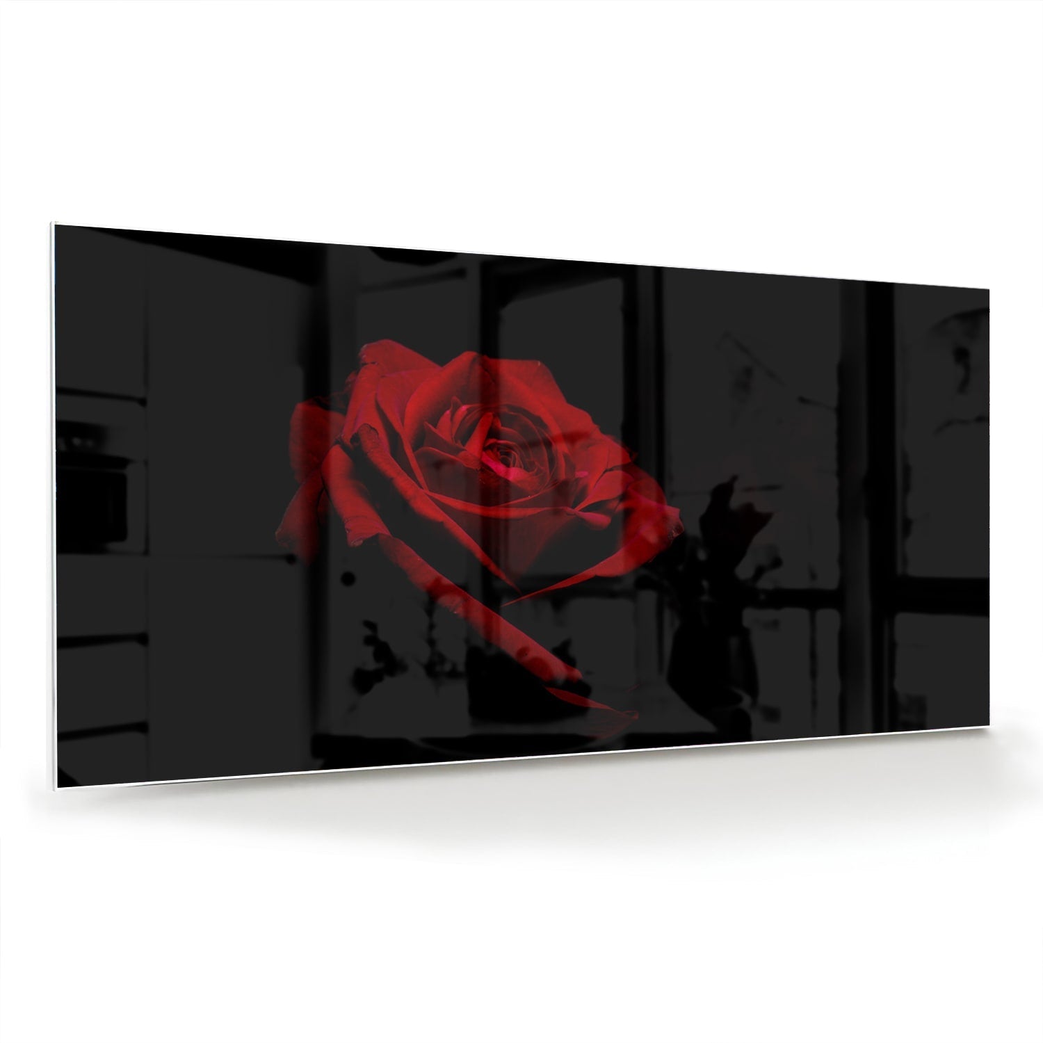 Elegantes Glasbild mit roter Rose auf schwarzem Hintergrund – Glasbild aus Sicherheitsglas, Größe 70x70_rond