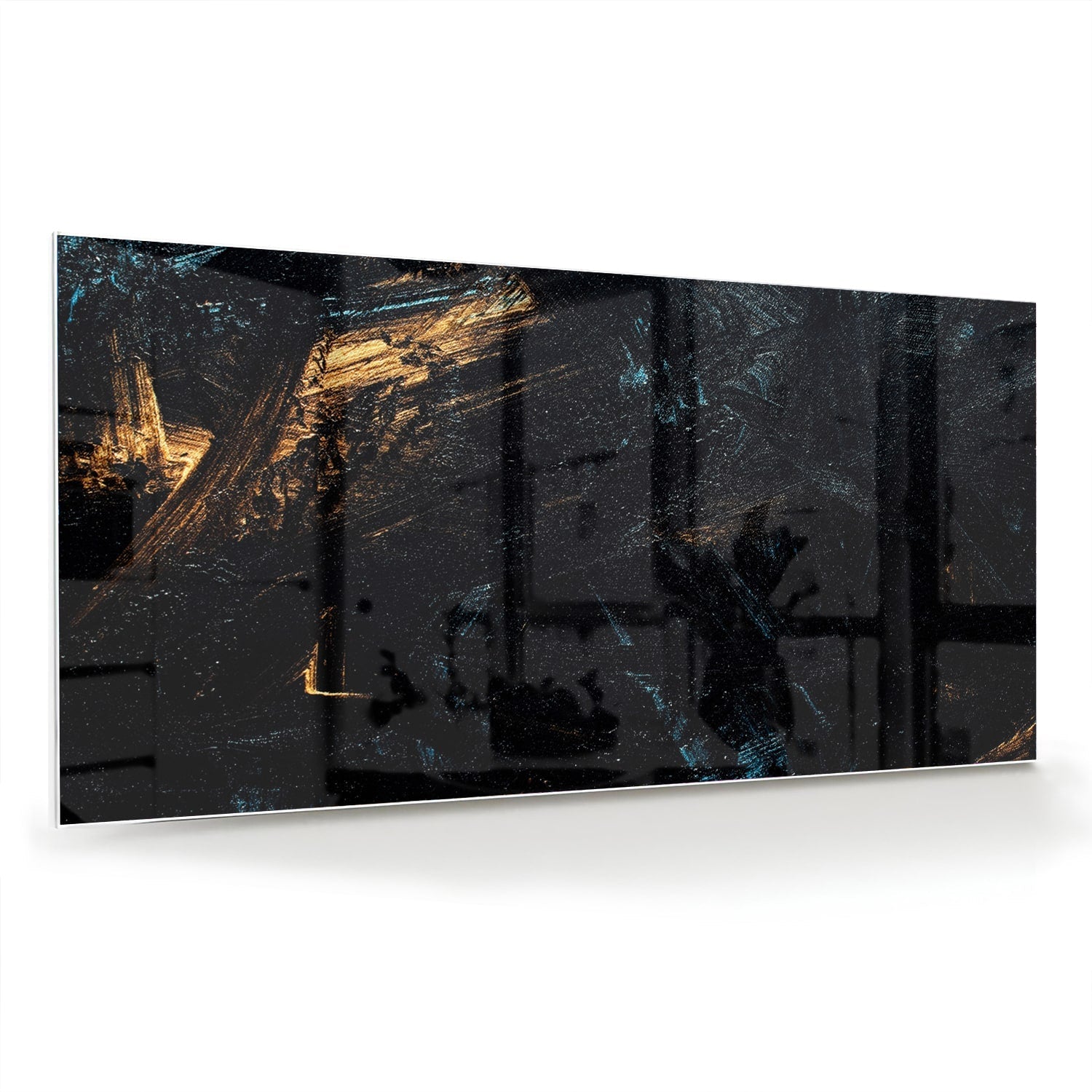 Abstraktes Glasbild mit goldenen und schwarzen Akzenten – Glasbild aus Sicherheitsglas, Größe 70x70_rond