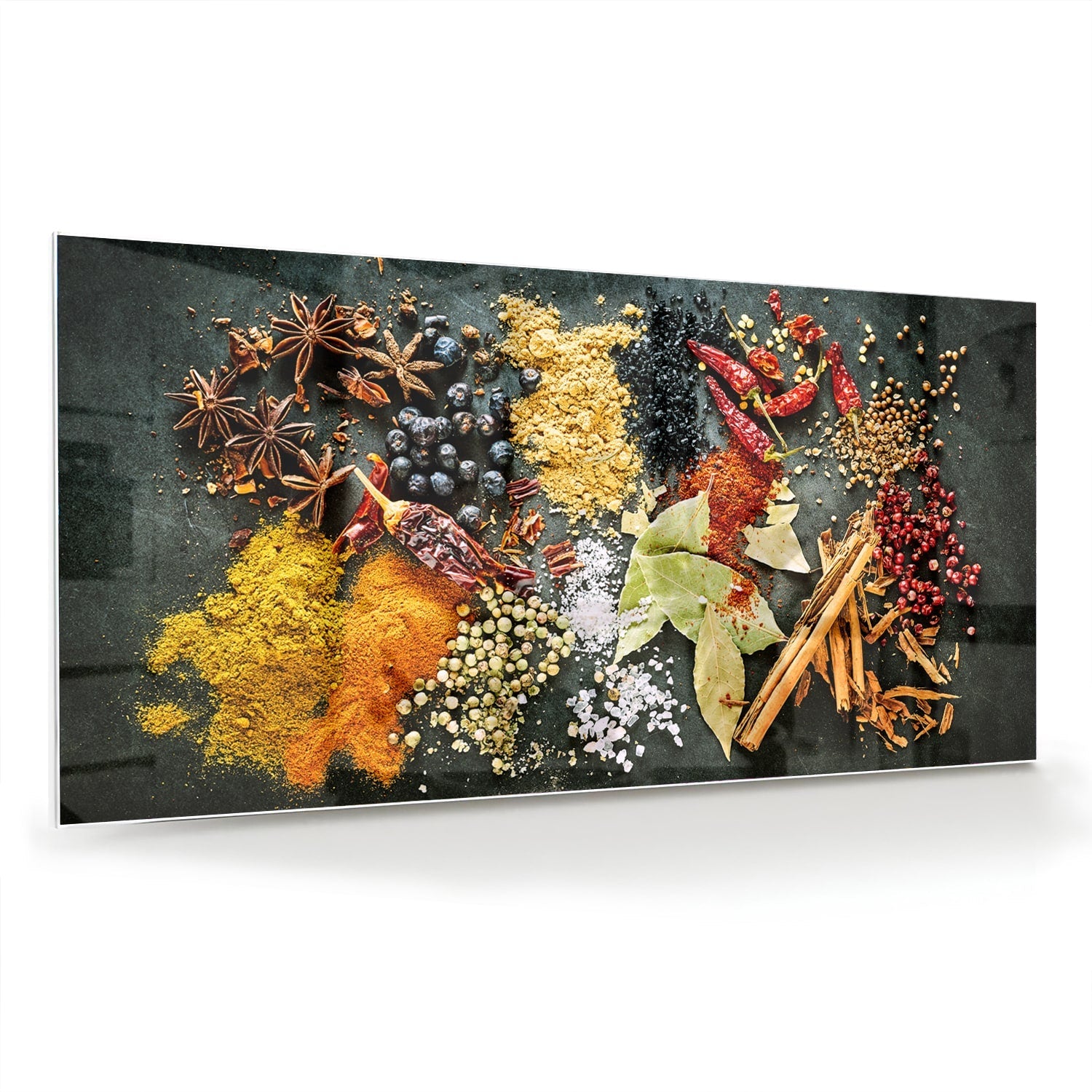 Farbenfrohes Glasbild mit Gewürzen und Blättern – Glasbild aus Sicherheitsglas, Größe 70x70_rond