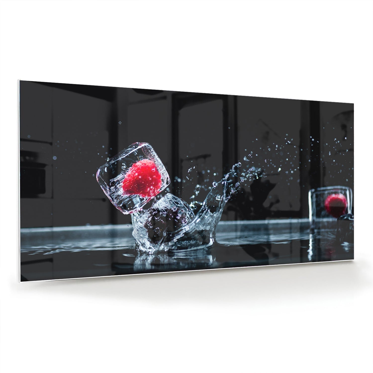 Erfrischendes Glasbild mit Erdbeerspritzern – Glasbild aus Sicherheitsglas, Größe 70x70_rond