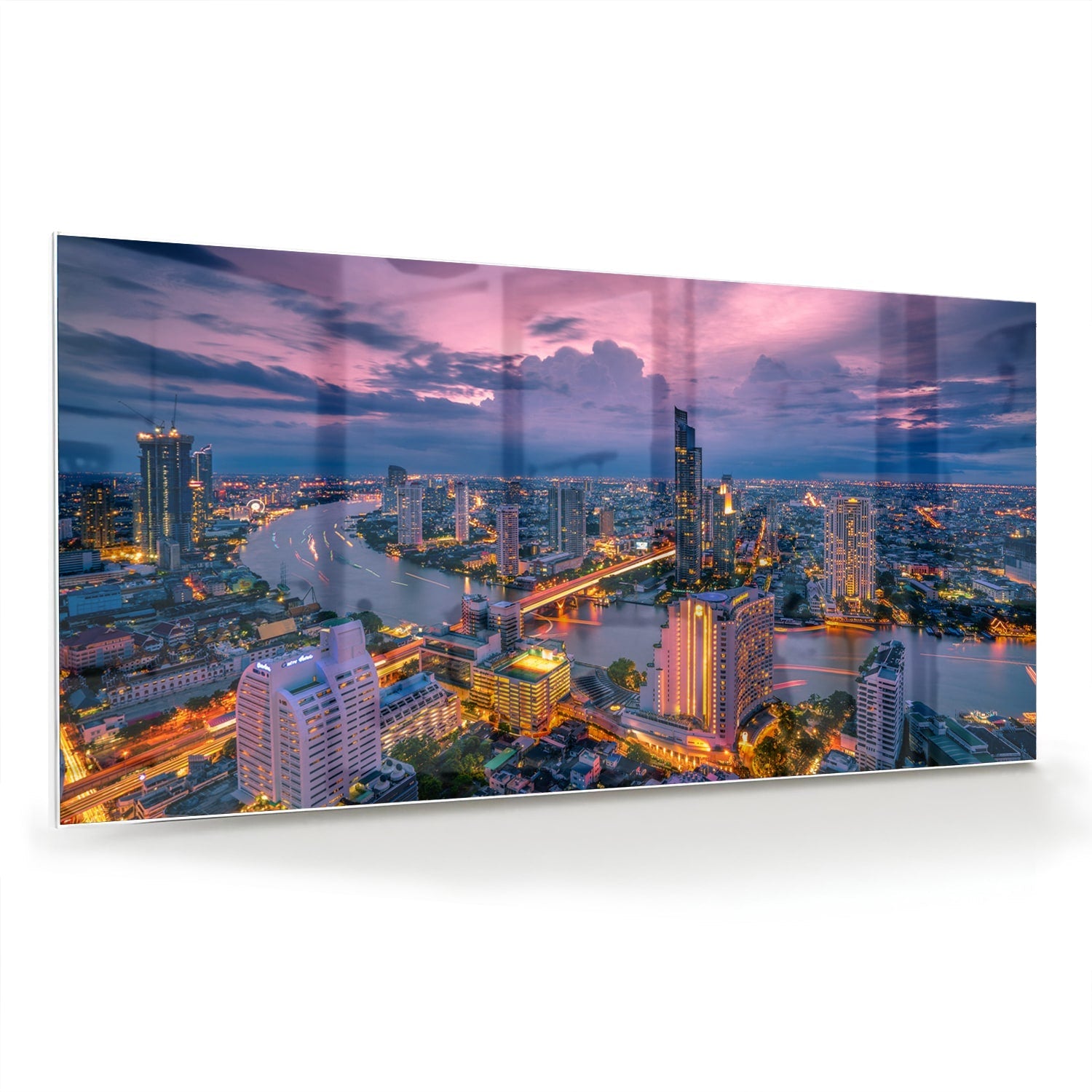 Glasbild mit Stadtblick im Abendlicht – Glasbild aus Sicherheitsglas, Größe 70x70_rond