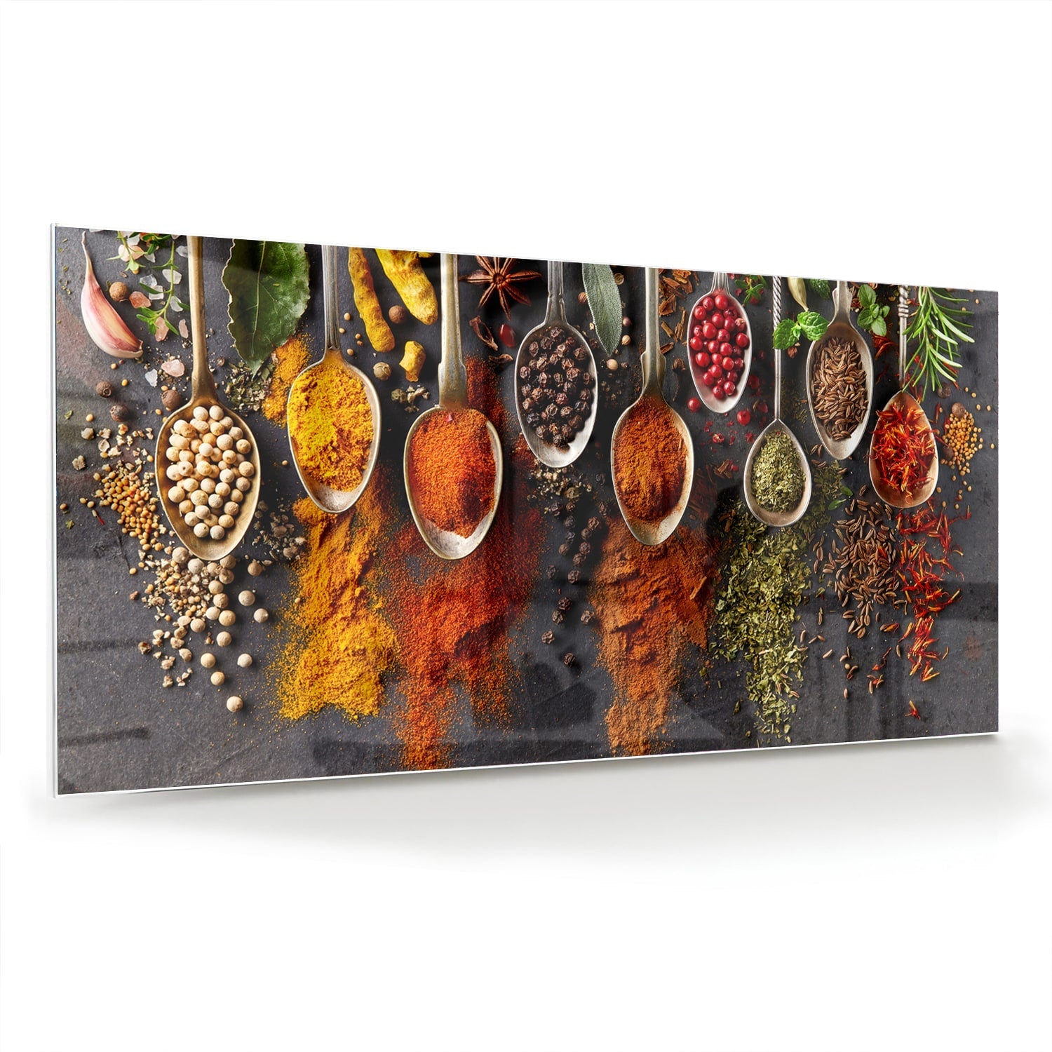 Farbenfrohes Glasbild mit Kräutern und Gewürzen – Glasbild aus Sicherheitsglas, Größe 70x70_rond