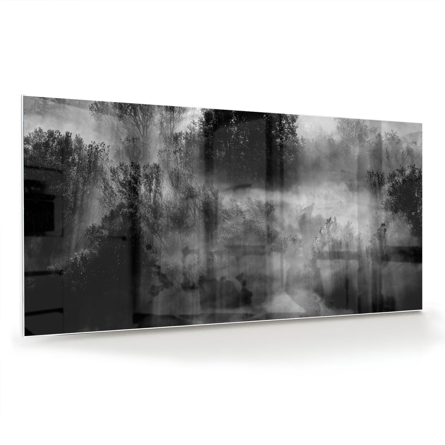Abstraktes Schwarz-Weiß-Glasbild mit Bäumen – Glasbild aus Sicherheitsglas, Größe 70x70_rond