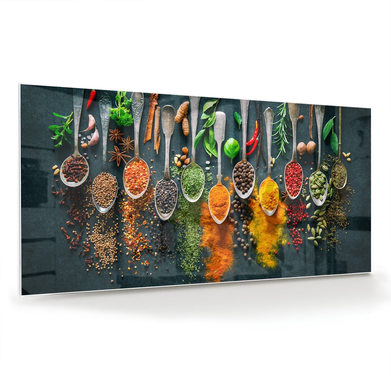 Farbenfrohes Glasbild mit Gewürzen und Kräutern – Glasbild aus Sicherheitsglas, Größe 70x70_rond