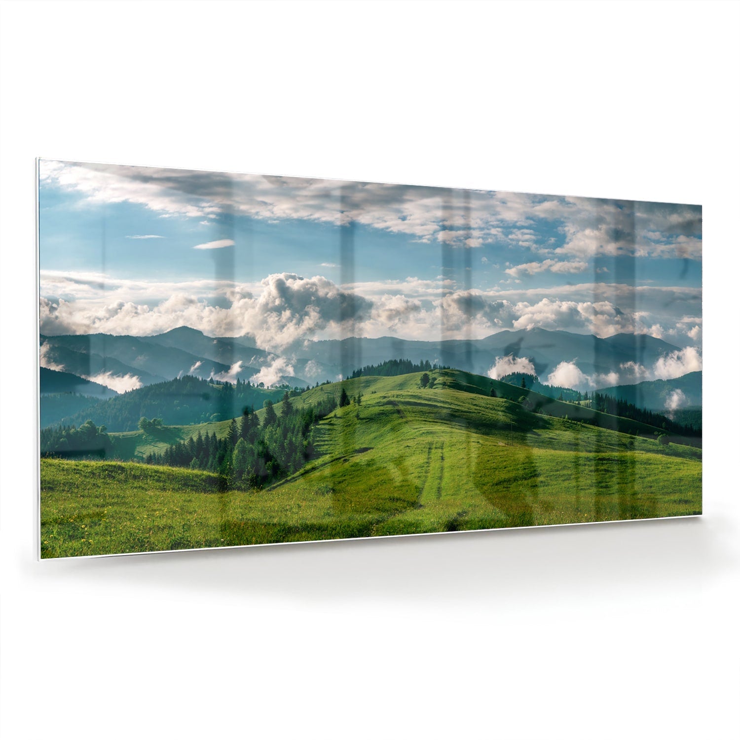 Glasbild mit atemberaubender Berglandschaft – Glasbild aus Sicherheitsglas, Größe 70x70_rond